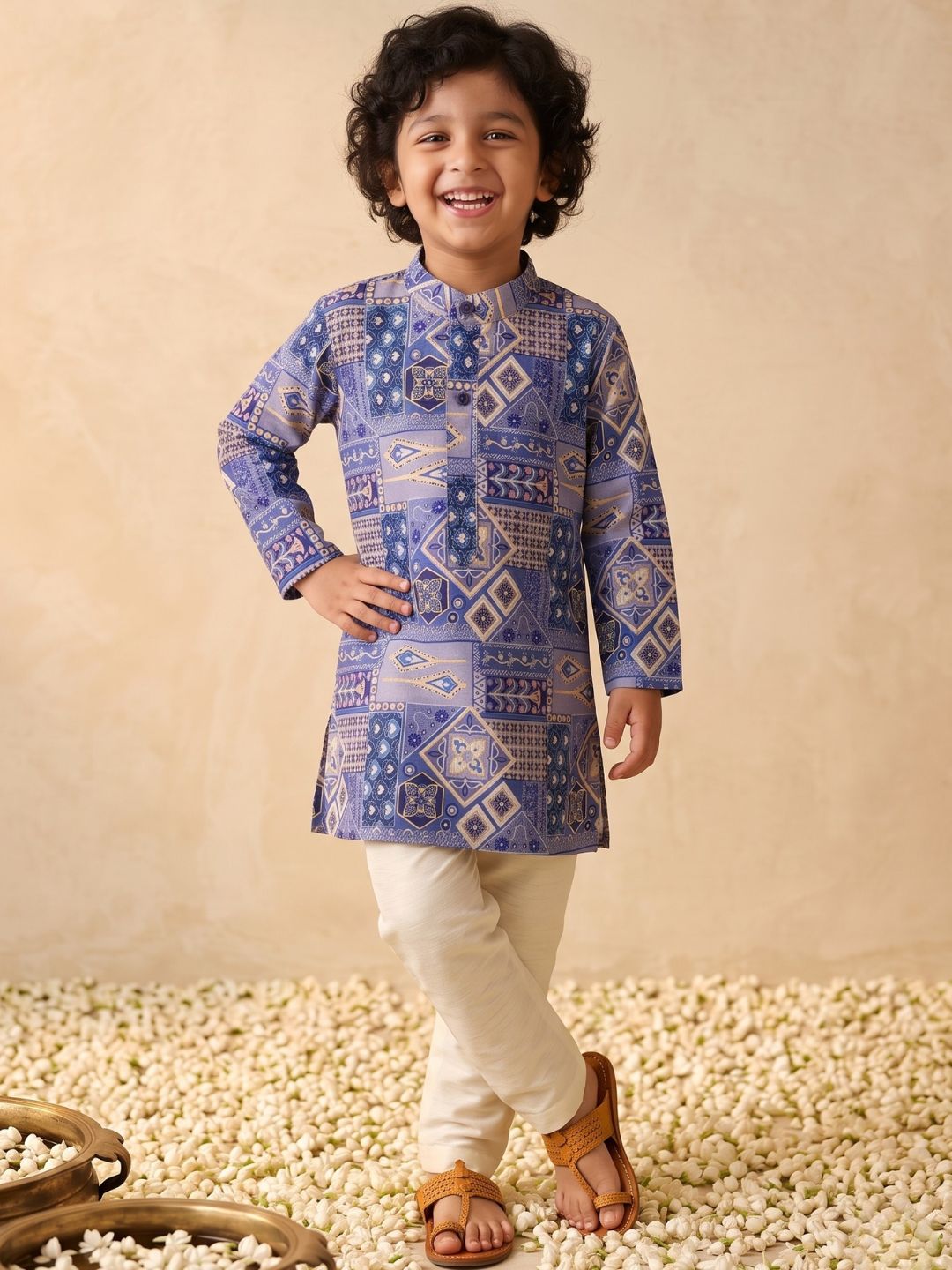 AJ Dezines Dark Blue Ethnic Foil Print Silk Blend Kurta and Pyjama For Boys