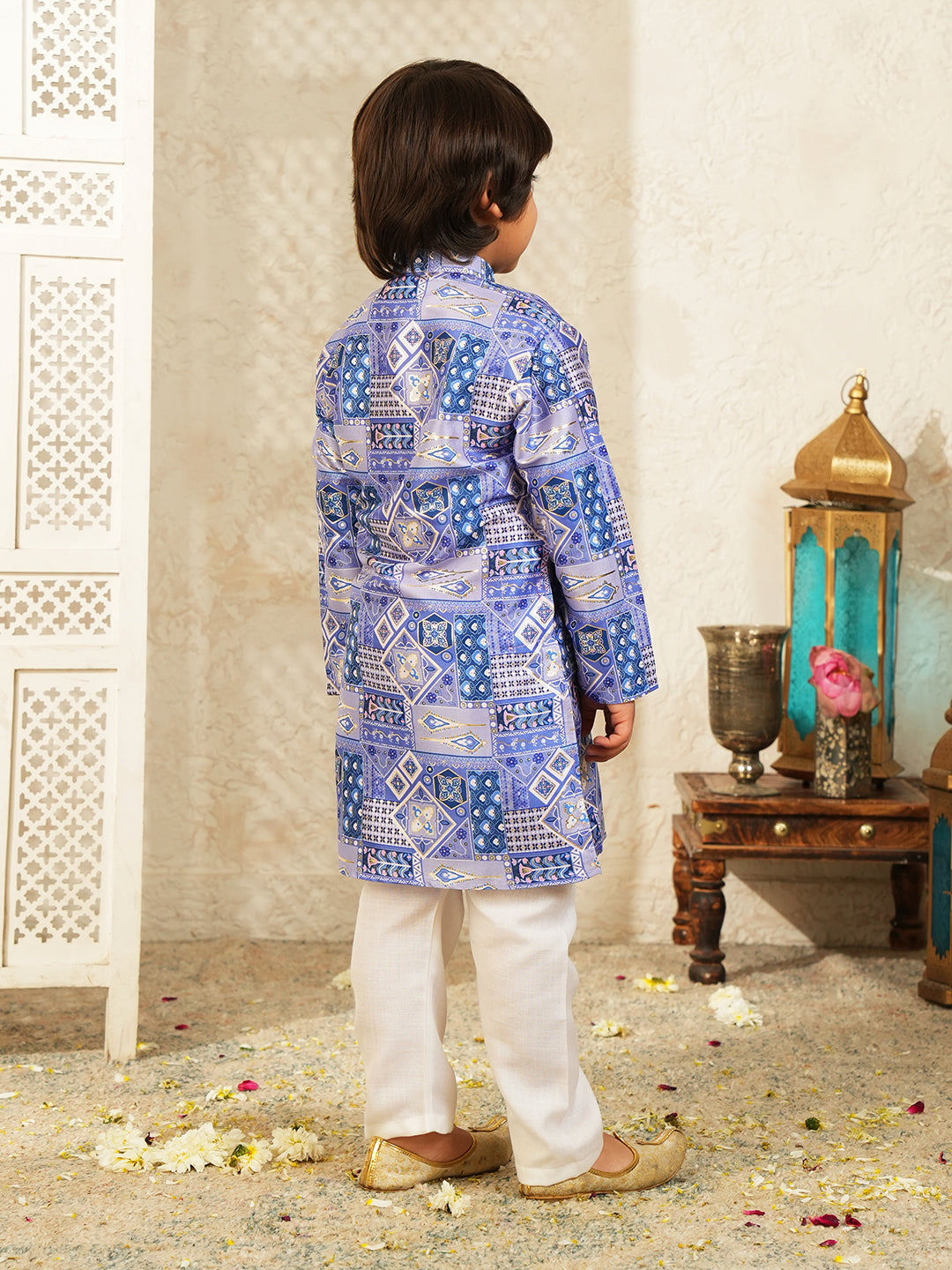 AJ Dezines Dark Blue Ethnic Foil Print Silk Blend Kurta and Pyjama For Boys