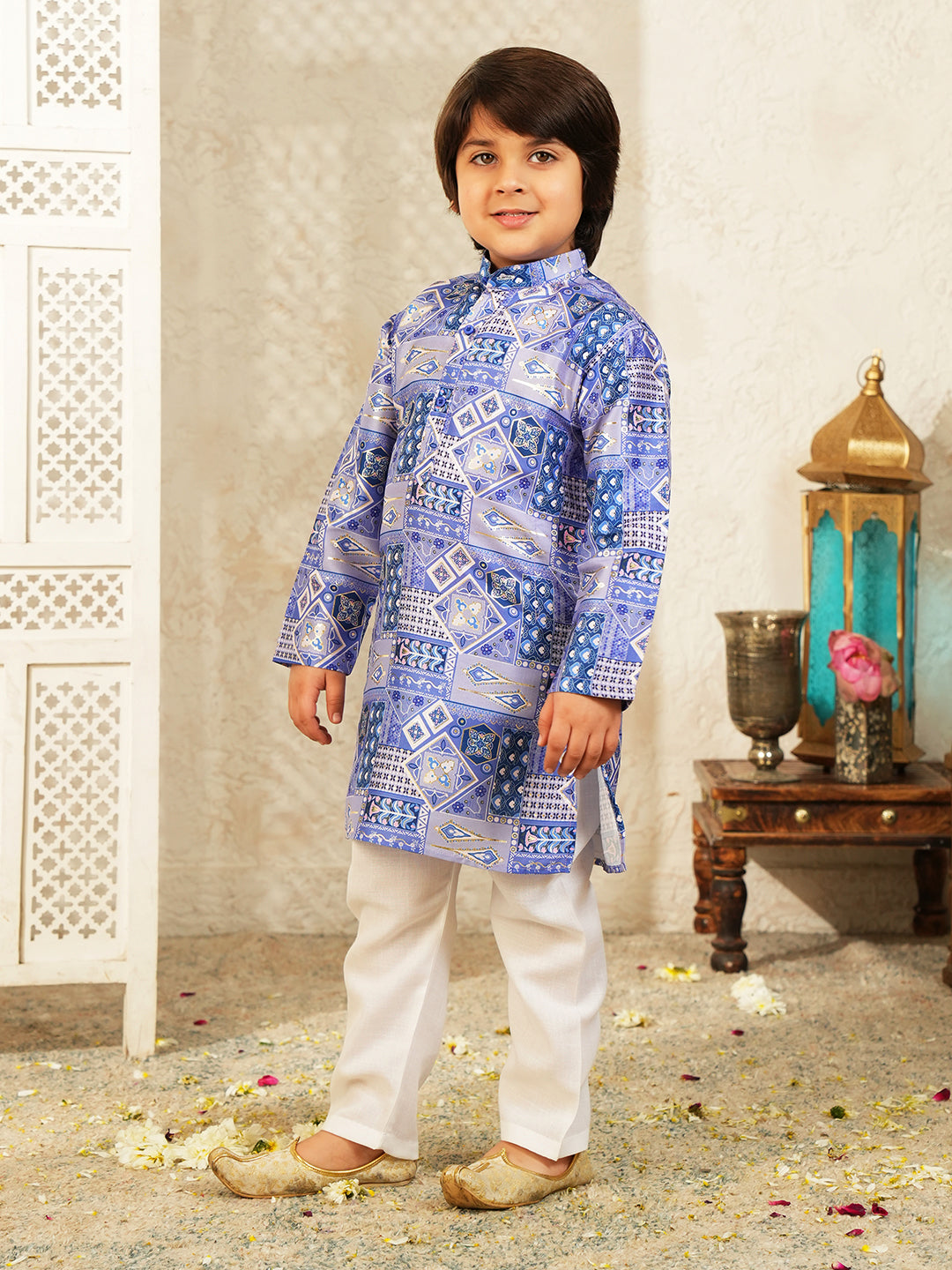 AJ Dezines Dark Blue Ethnic Foil Print Silk Blend Kurta and Pyjama For Boys
