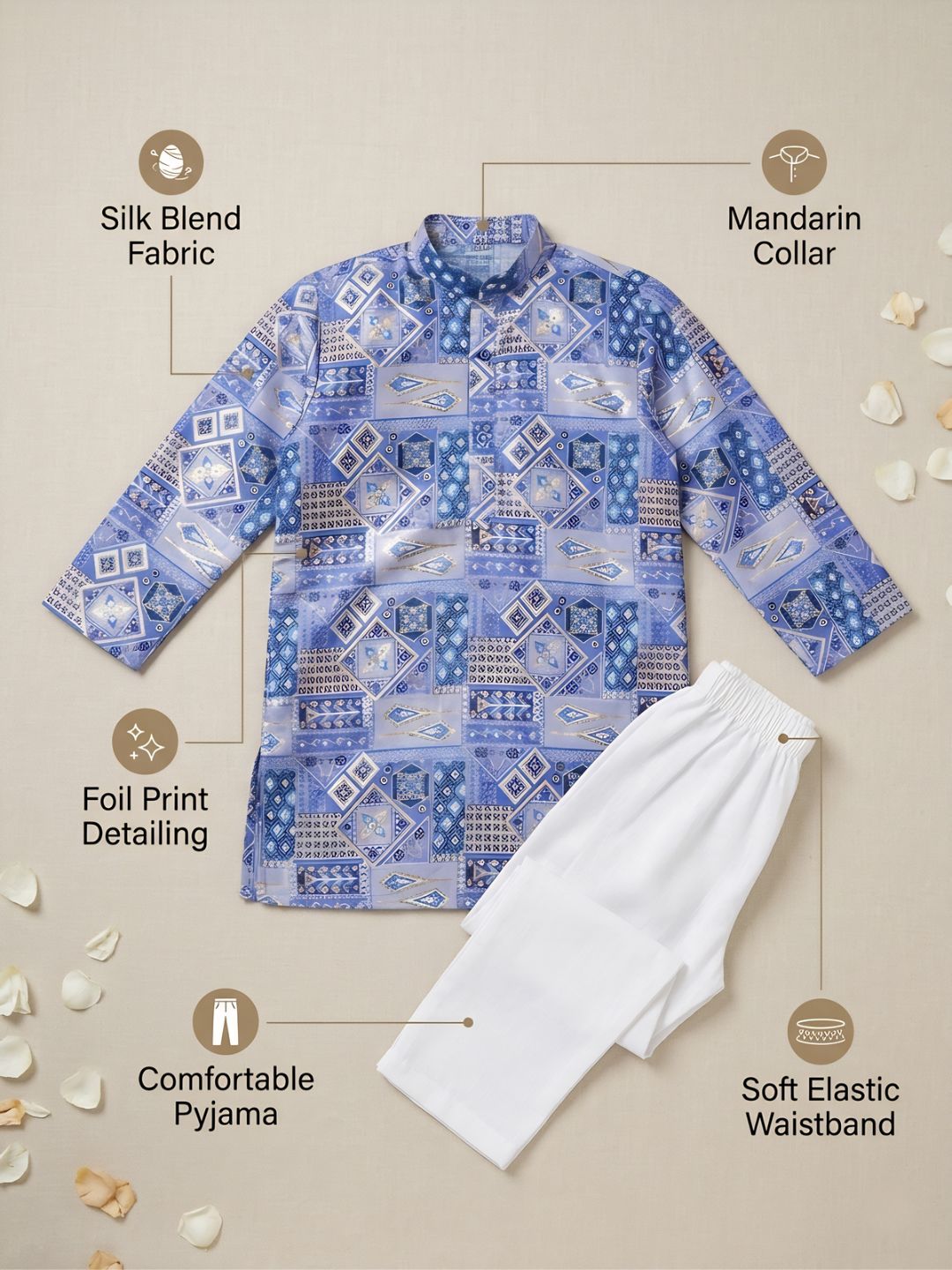 AJ Dezines Dark Blue Ethnic Foil Print Silk Blend Kurta and Pyjama For Boys