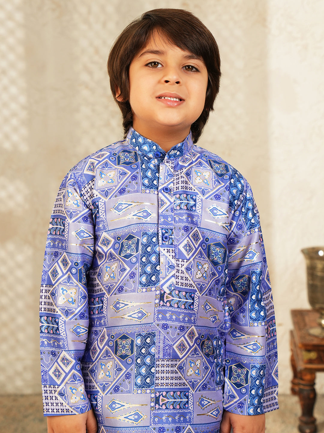 AJ Dezines Dark Blue Ethnic Foil Print Silk Blend Kurta and Pyjama For Boys