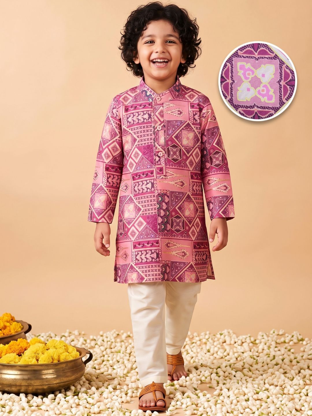 AJ Dezines Pink Ethnic Foil Print Silk Blend Kurta and Pyjama For Boys
