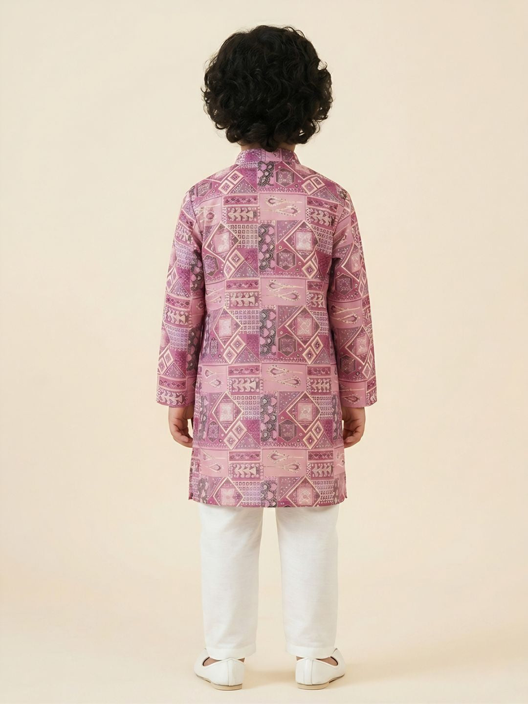 AJ Dezines Pink Ethnic Foil Print Silk Blend Kurta and Pyjama For Boys