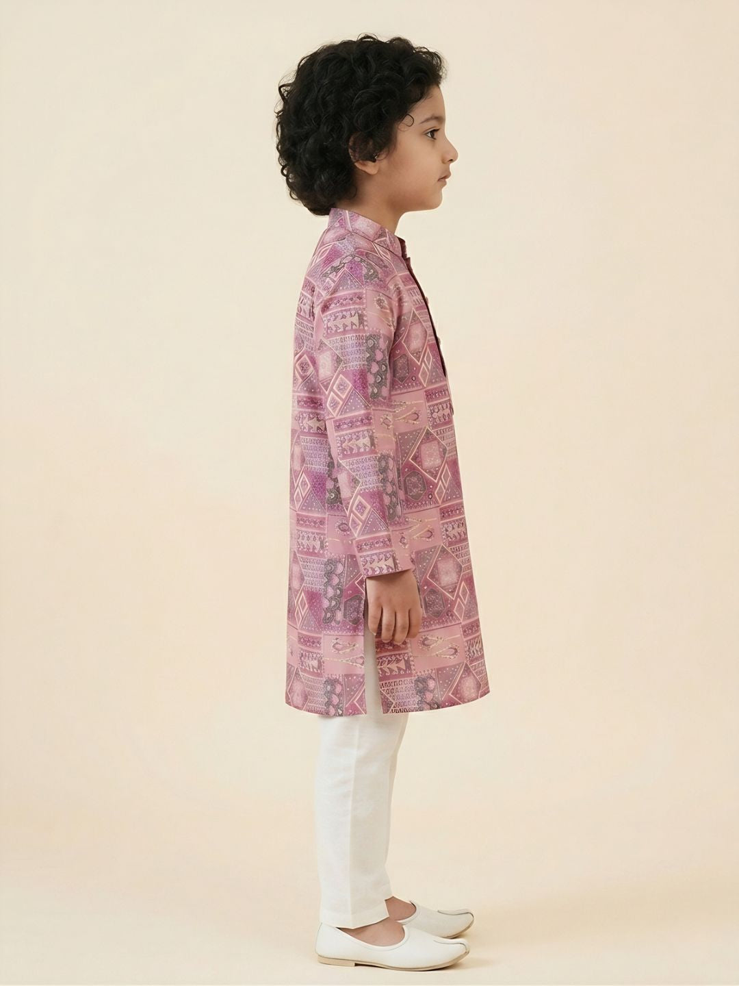 AJ Dezines Pink Ethnic Foil Print Silk Blend Kurta and Pyjama For Boys