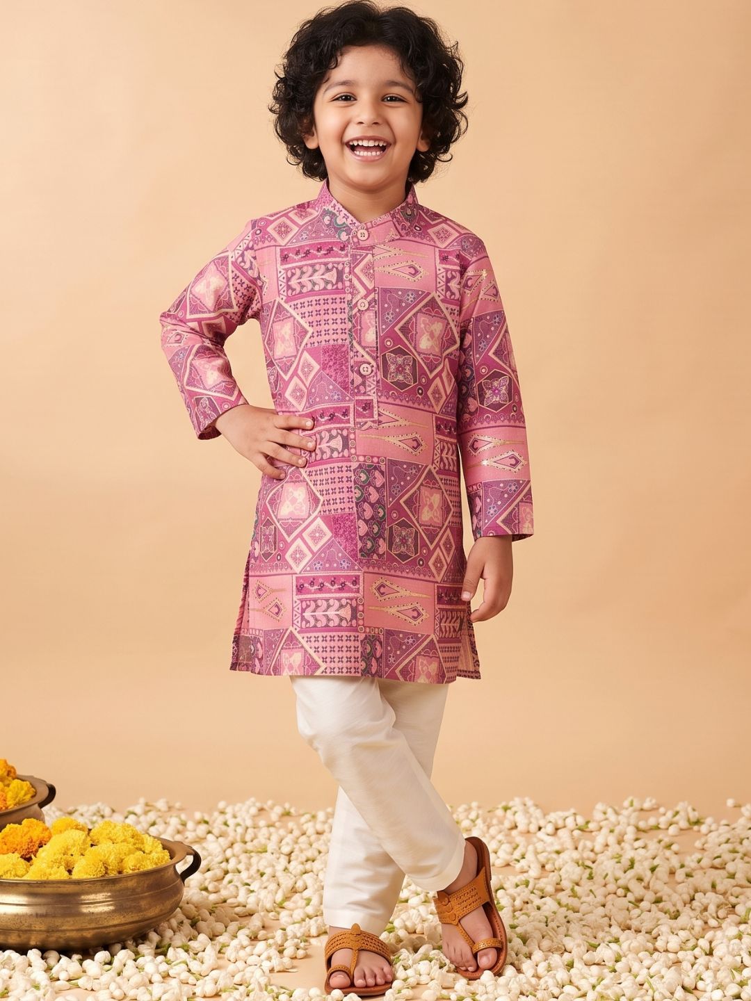 AJ Dezines Pink Ethnic Foil Print Silk Blend Kurta and Pyjama For Boys