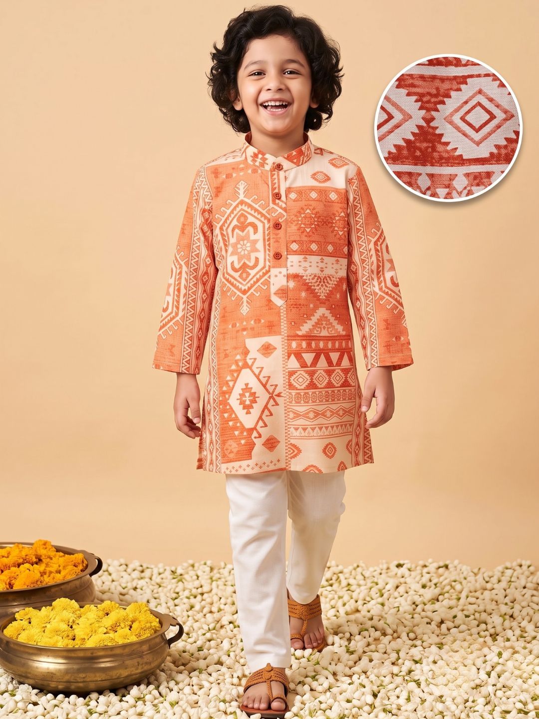 AJ Dezines Orange Ethnic Print Cotton Blend Kurta and Pyjama For Boys
