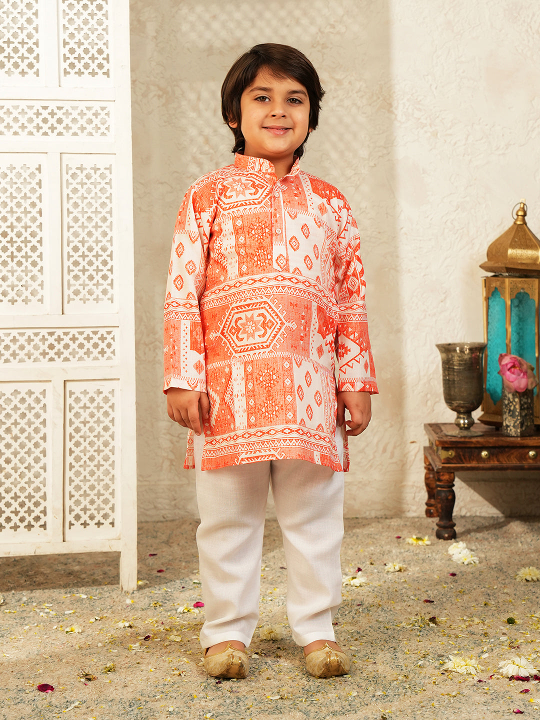 AJ Dezines Orange Ethnic Print Cotton Blend Kurta and Pyjama For Boys