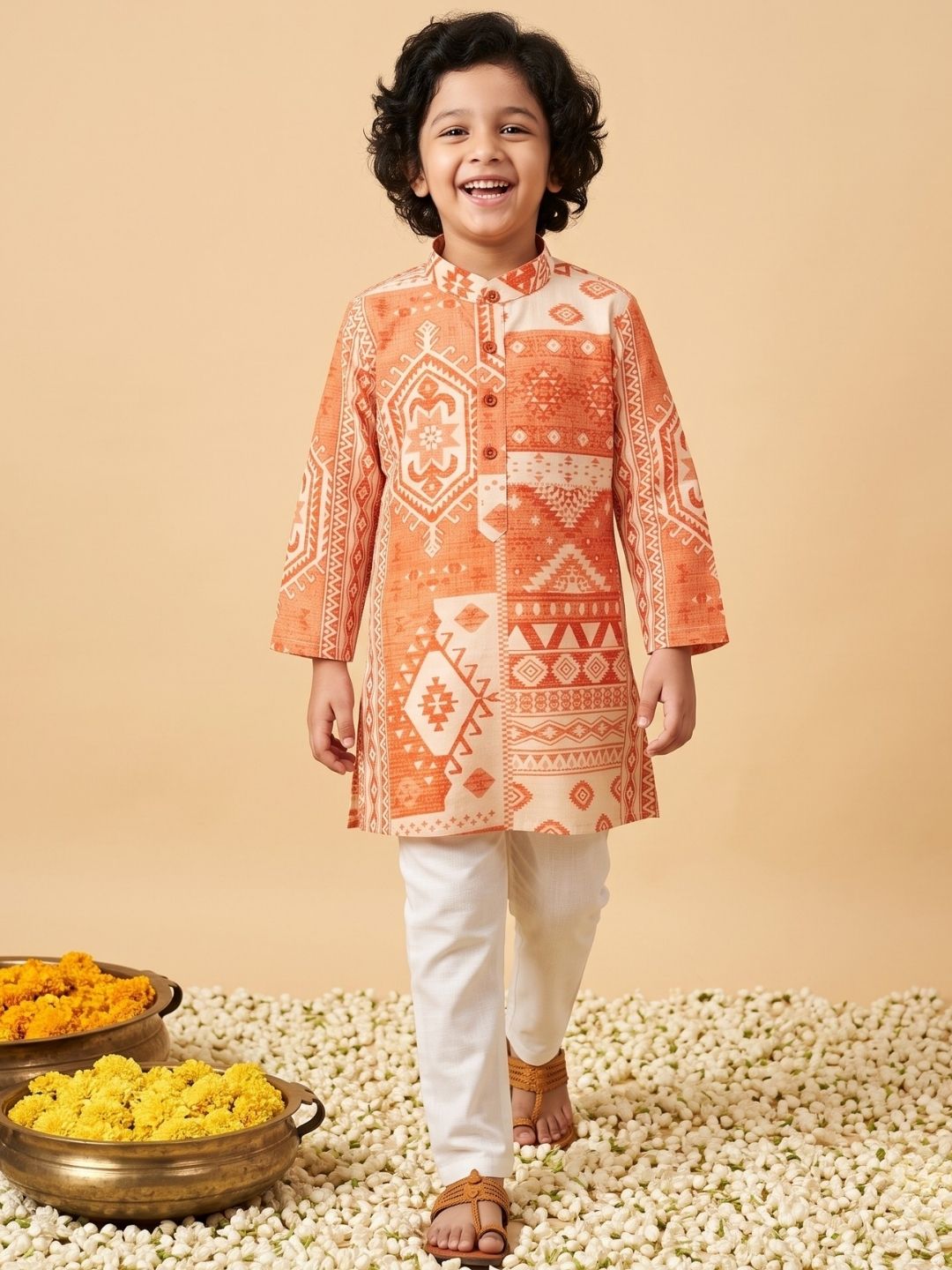 AJ Dezines Orange Ethnic Print Cotton Blend Kurta and Pyjama For Boys