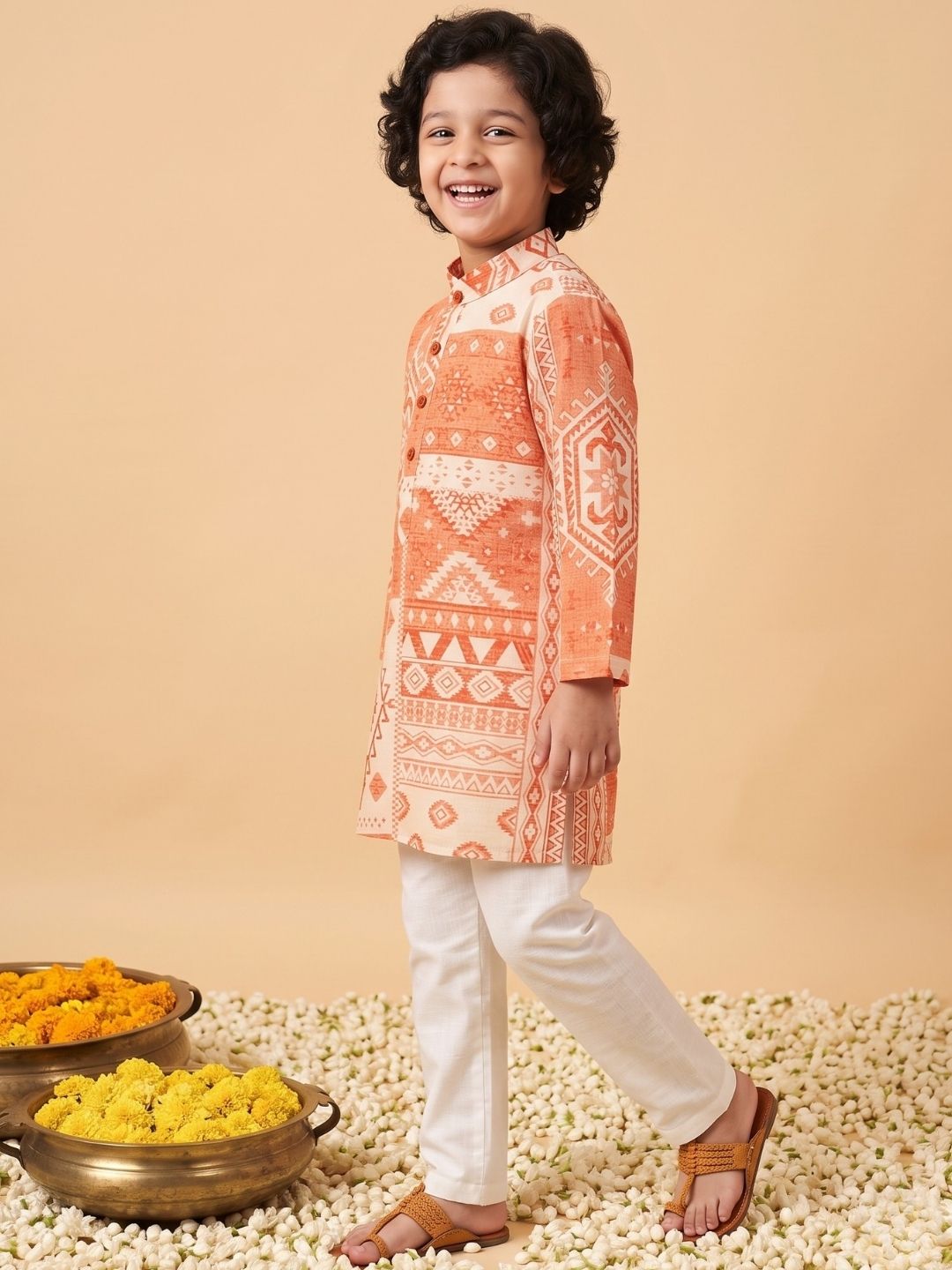 AJ Dezines Orange Ethnic Print Cotton Blend Kurta and Pyjama For Boys