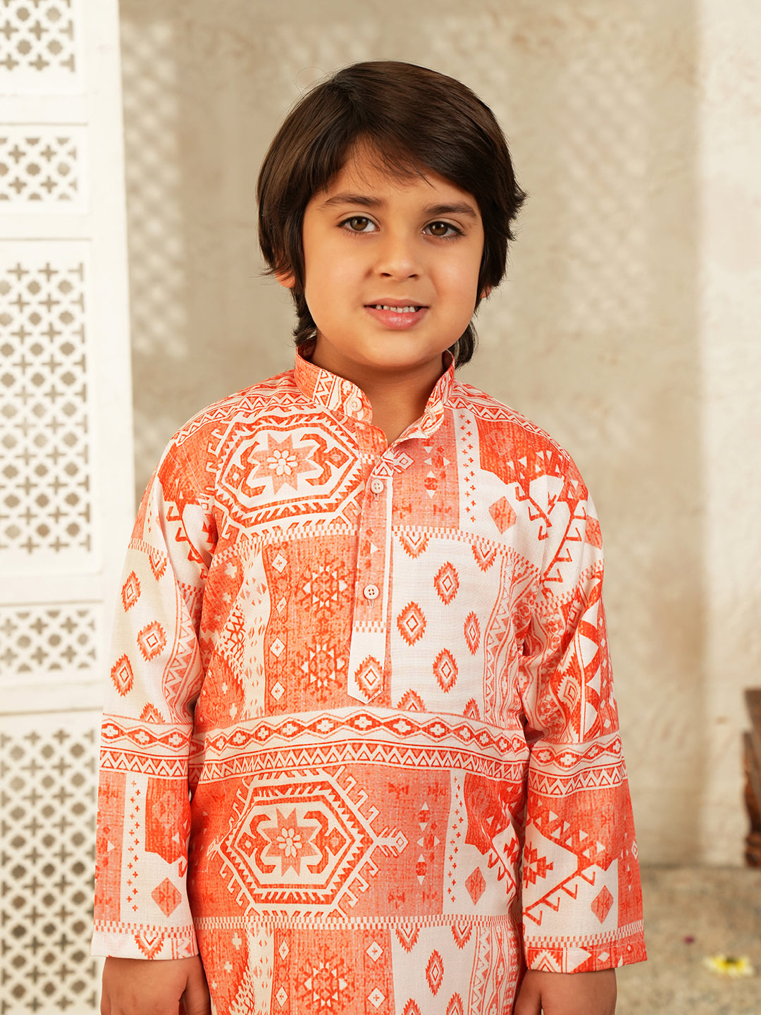 AJ Dezines Orange Ethnic Print Cotton Blend Kurta and Pyjama For Boys