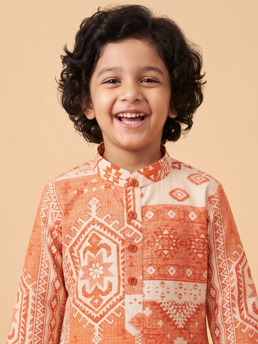AJ Dezines Orange Ethnic Print Cotton Blend Kurta and Pyjama For Boys