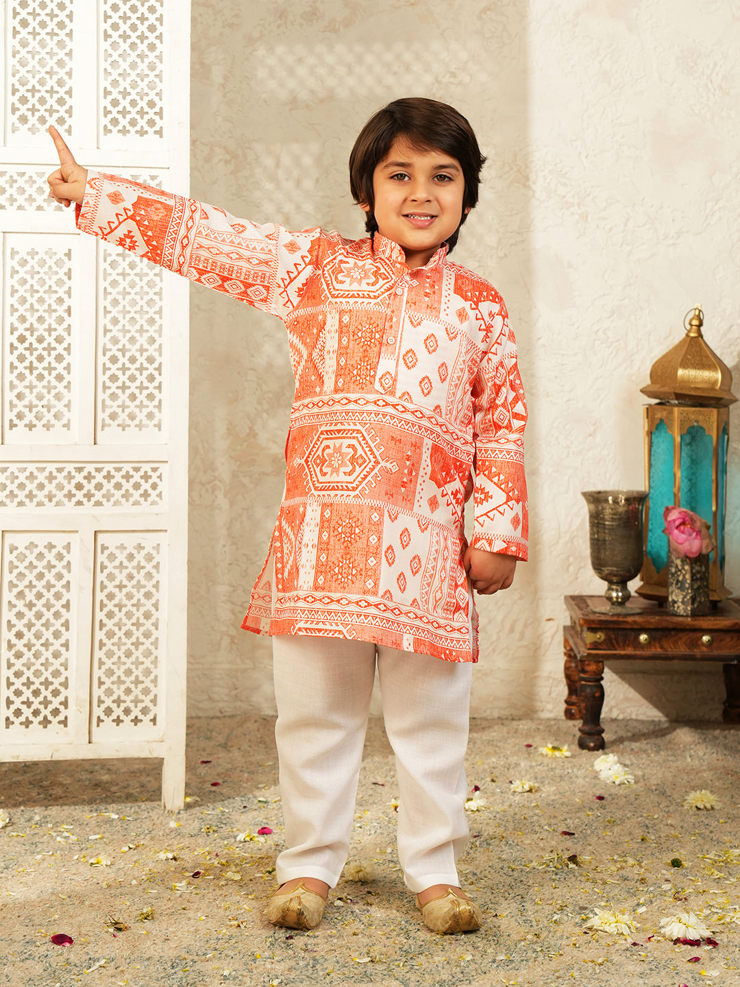 AJ Dezines Orange Ethnic Print Cotton Blend Kurta and Pyjama For Boys