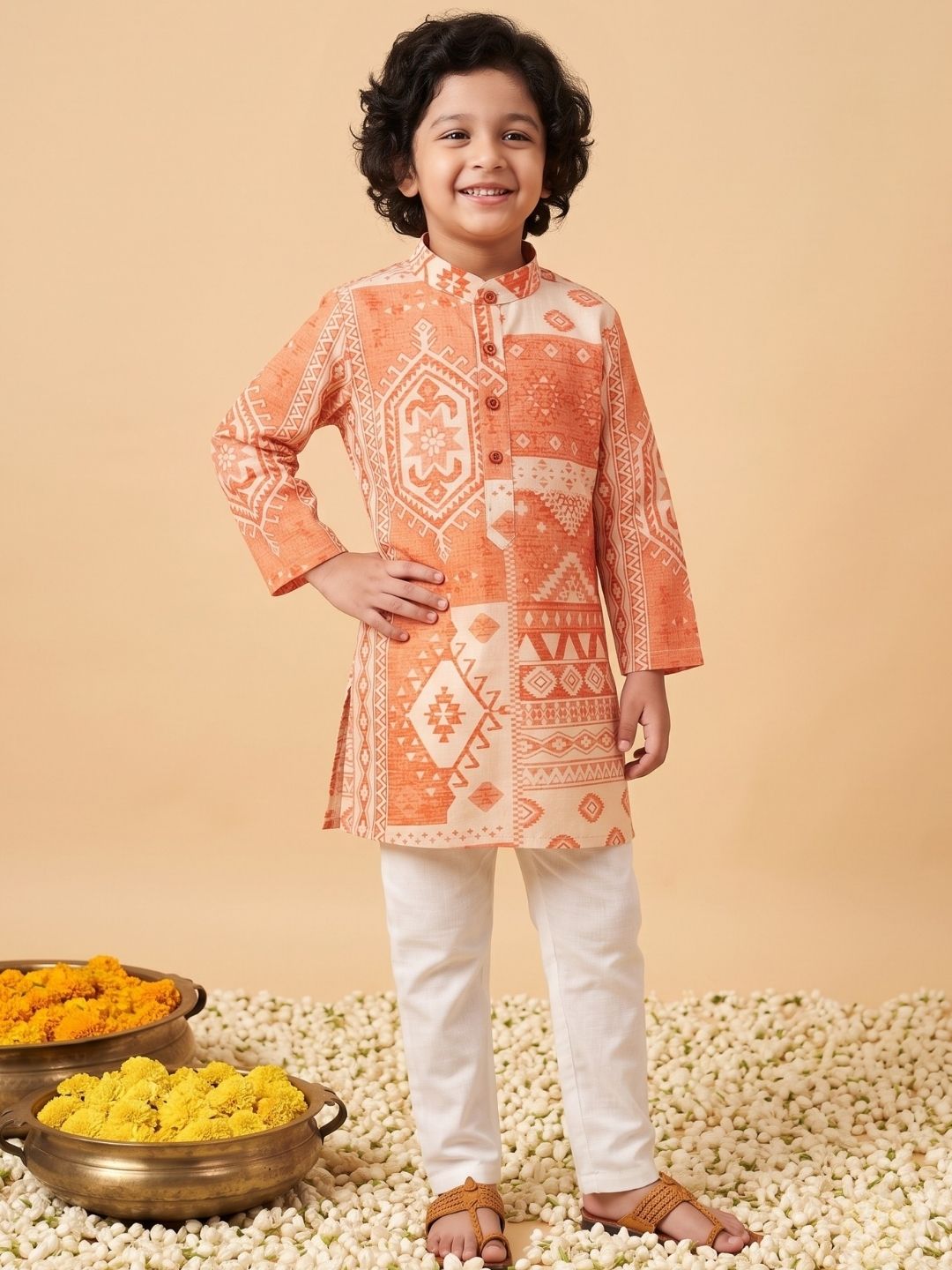 AJ Dezines Orange Ethnic Print Cotton Blend Kurta and Pyjama For Boys