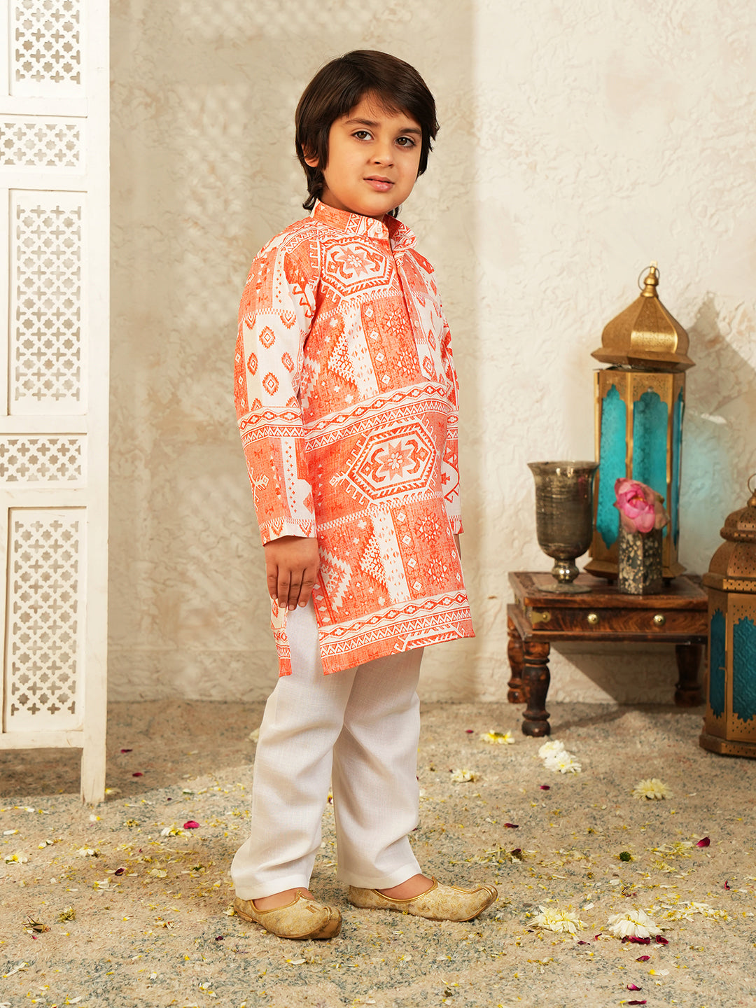 AJ Dezines Orange Ethnic Print Cotton Blend Kurta and Pyjama For Boys