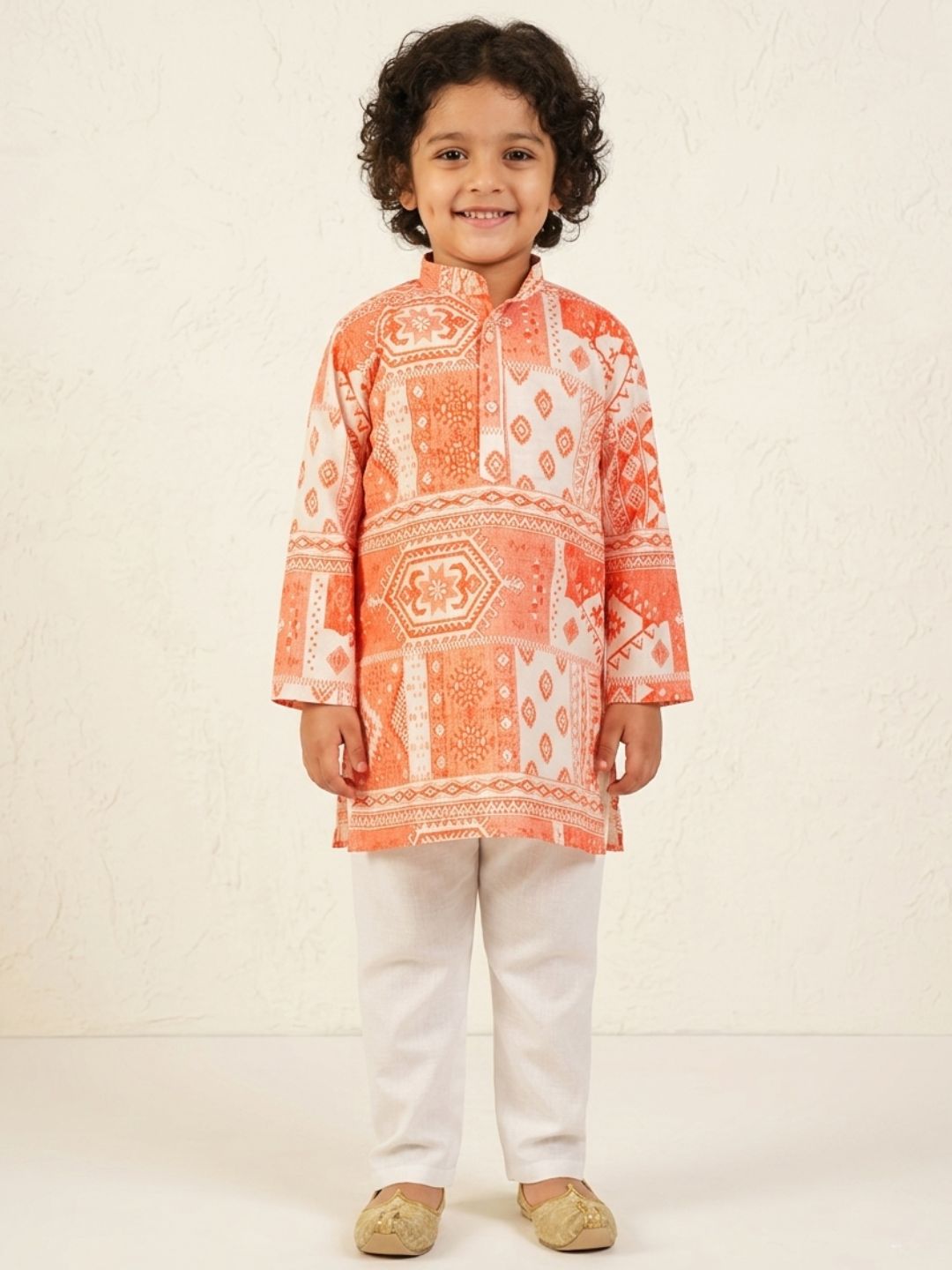 AJ Dezines Orange Ethnic Print Cotton Blend Kurta and Pyjama For Boys