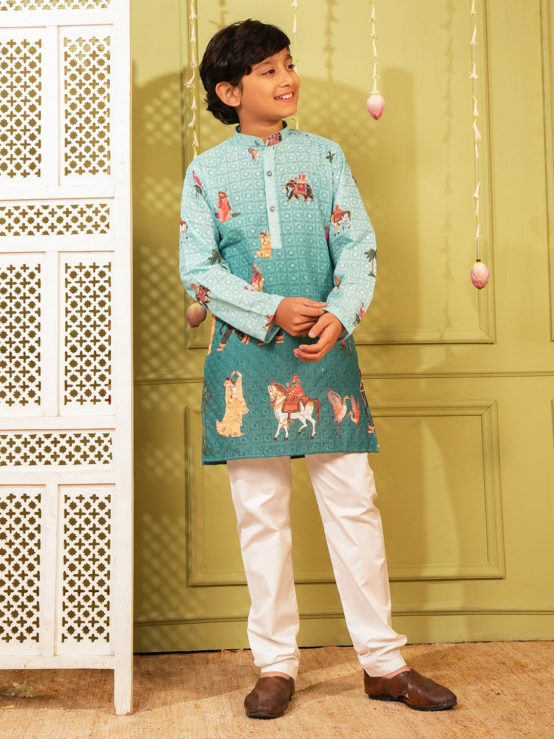 Blue Trendy Printed Chikankari Kurta and Pyjama For Boys