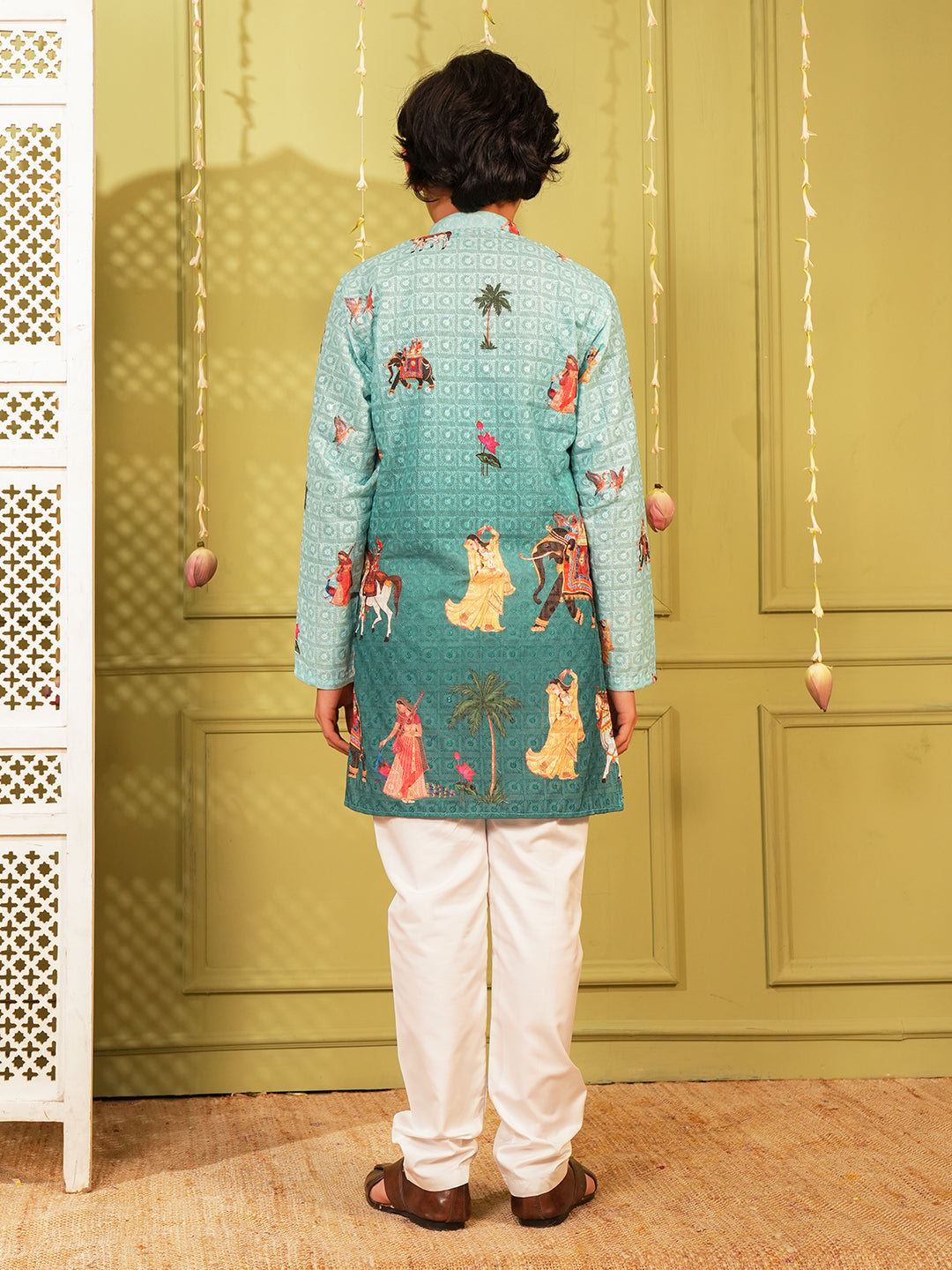 Blue Trendy Printed Chikankari Kurta and Pyjama For Boys