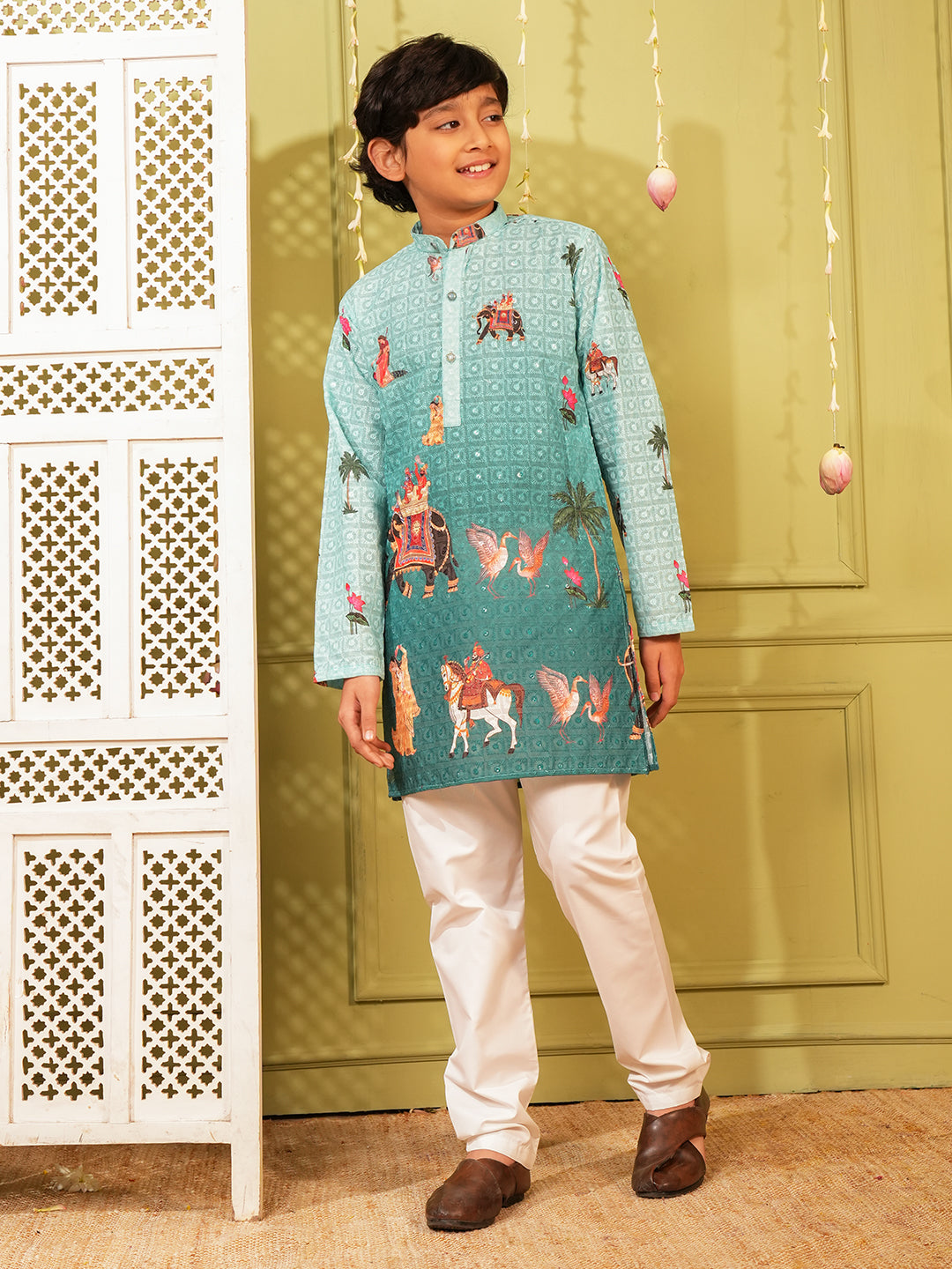 Blue Trendy Printed Chikankari Kurta and Pyjama For Boys