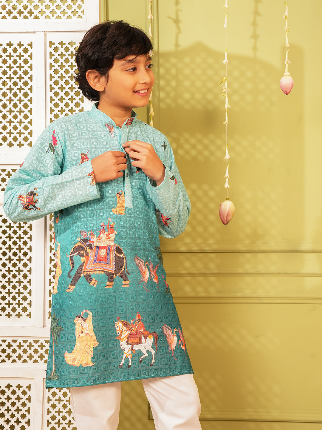 Blue Trendy Printed Chikankari Kurta and Pyjama For Boys