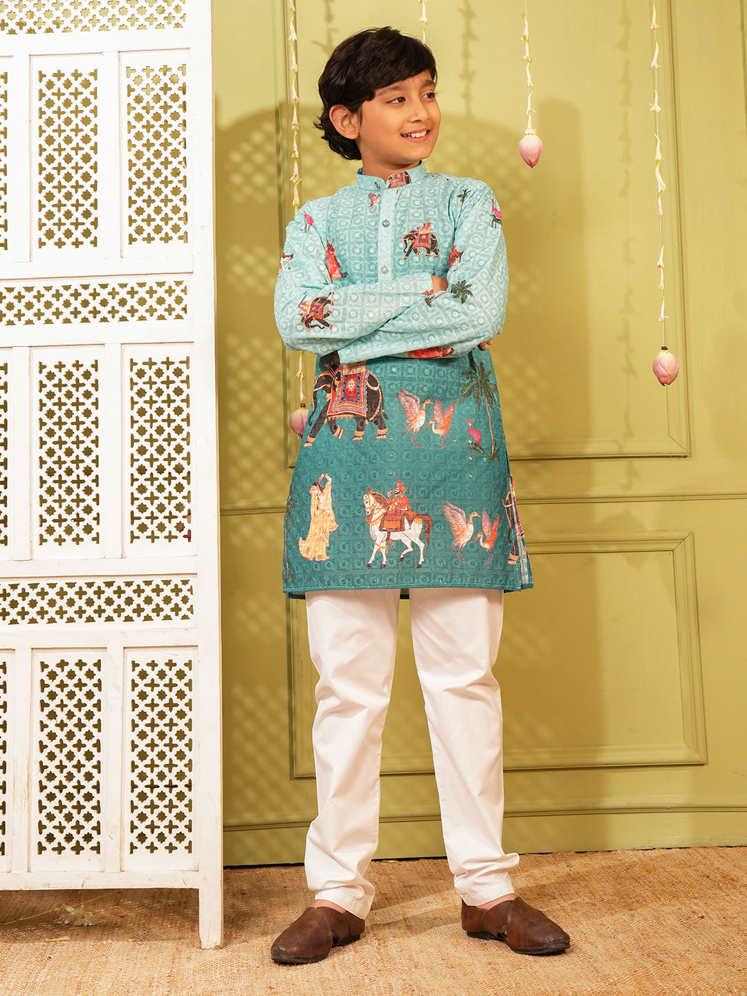 Blue Trendy Printed Chikankari Kurta and Pyjama For Boys