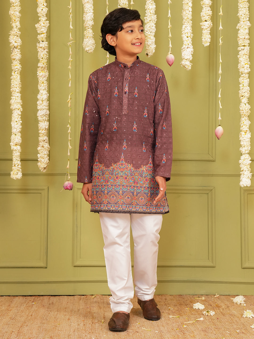 Brown Trendy Printed Chikankari Kurta and Pyjama For Boys