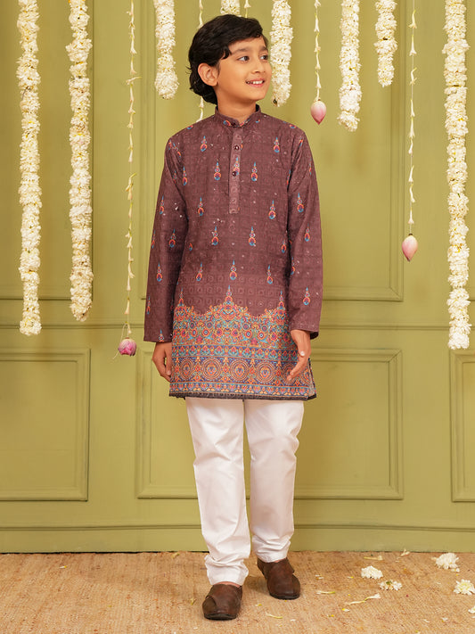 Brown Trendy Printed Chikankari Kurta and Pyjama For Boys