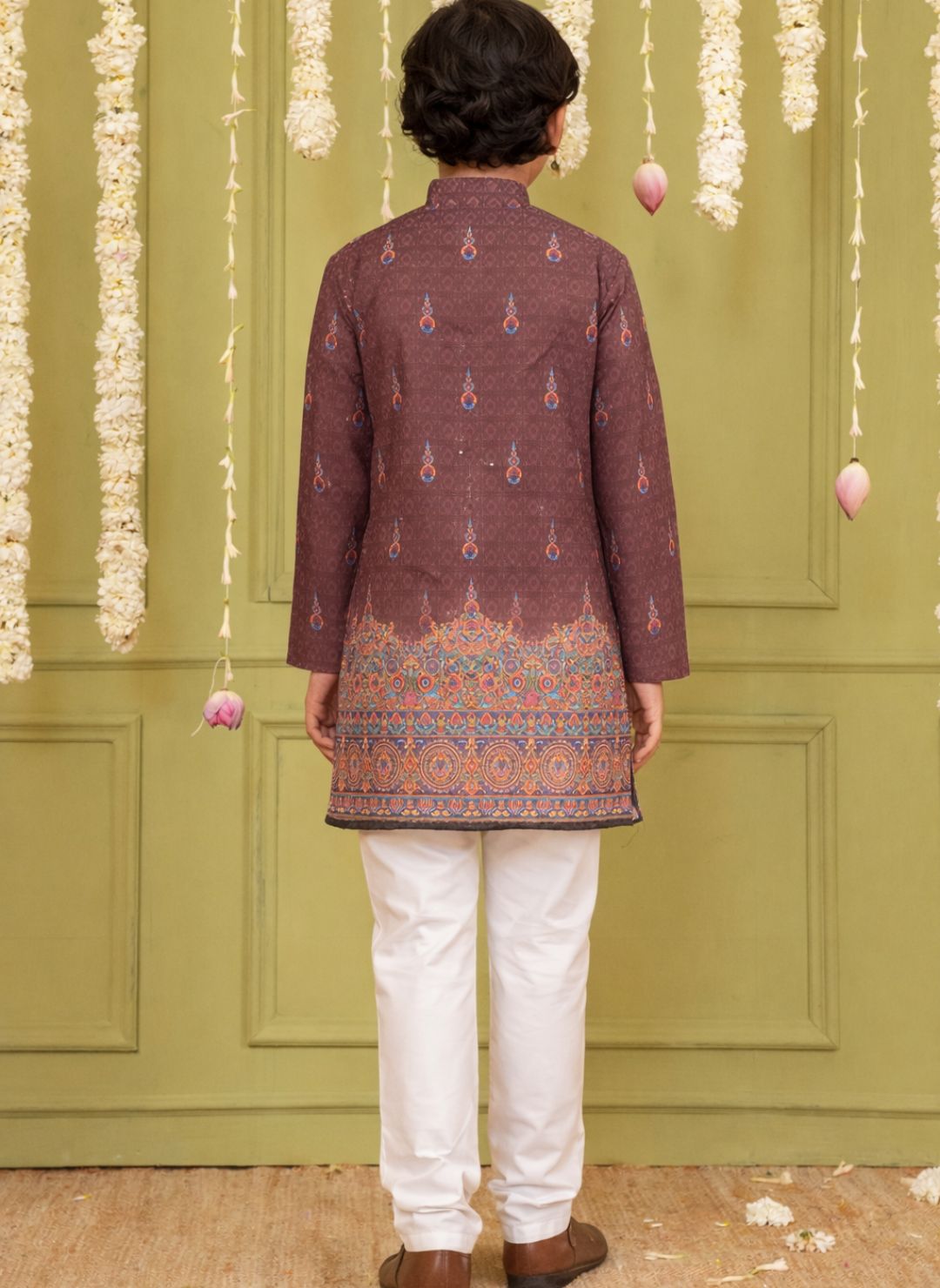 Brown Trendy Printed Chikankari Kurta and Pyjama For Boys