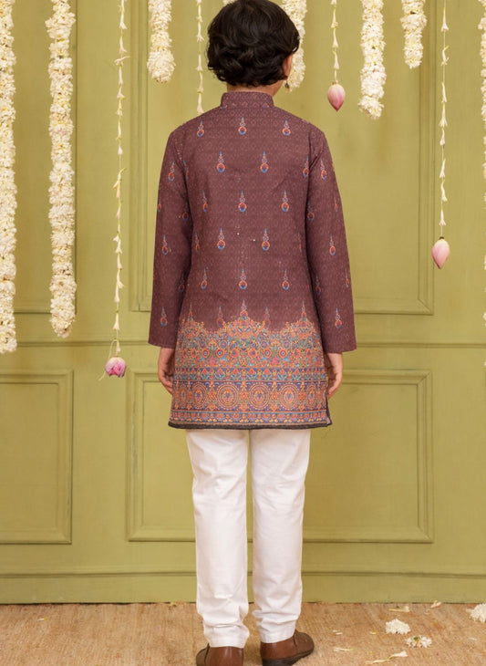 Brown Trendy Printed Chikankari Kurta and Pyjama For Boys