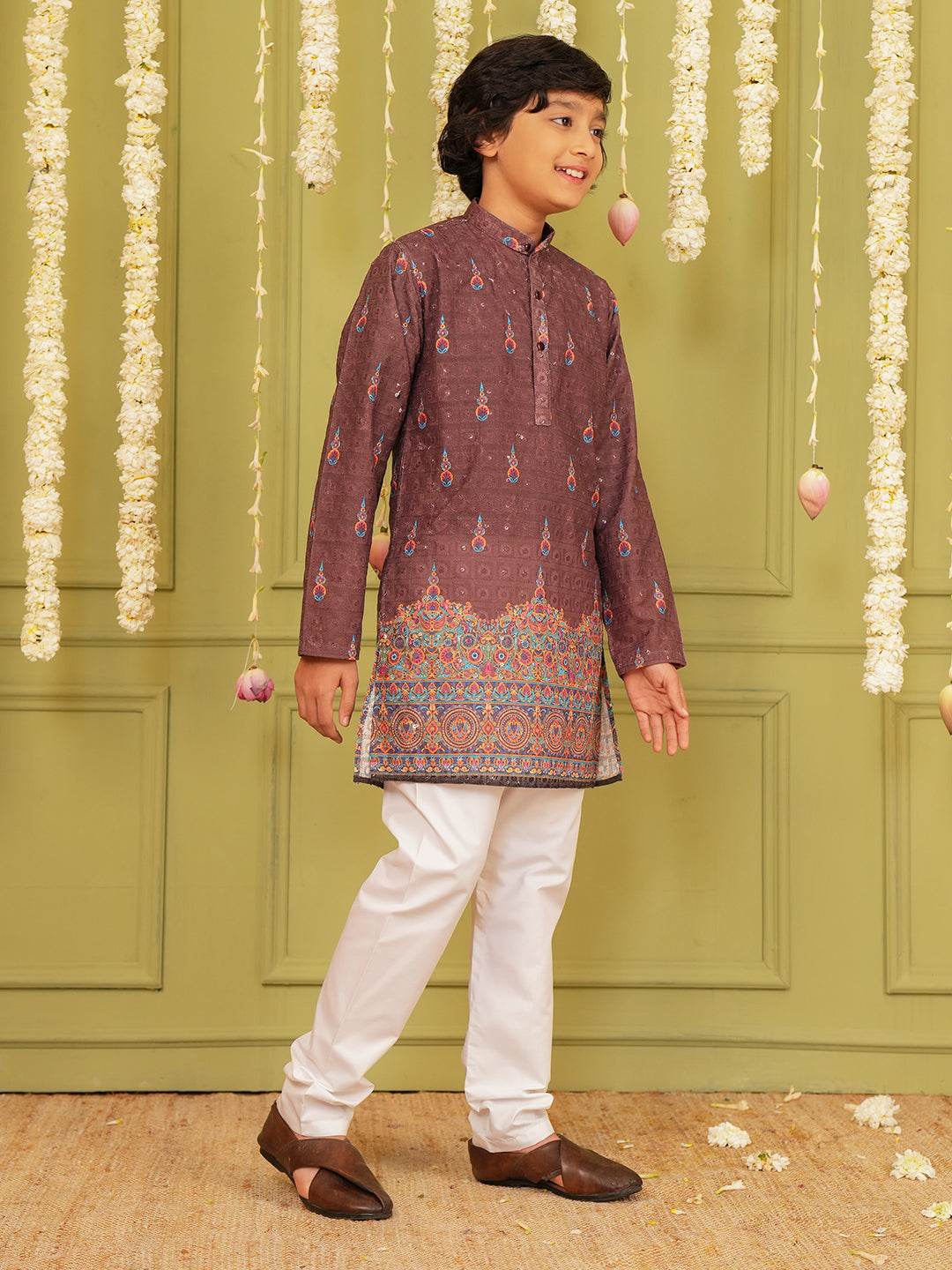 Brown Trendy Printed Chikankari Kurta and Pyjama For Boys