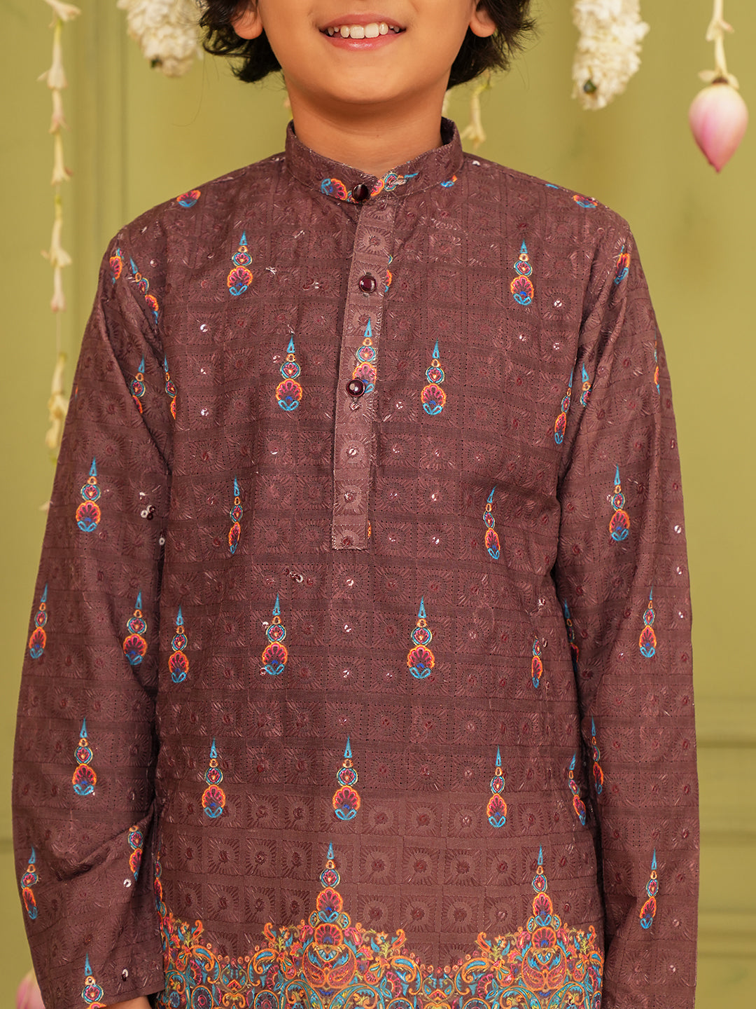 Brown Trendy Printed Chikankari Kurta and Pyjama For Boys