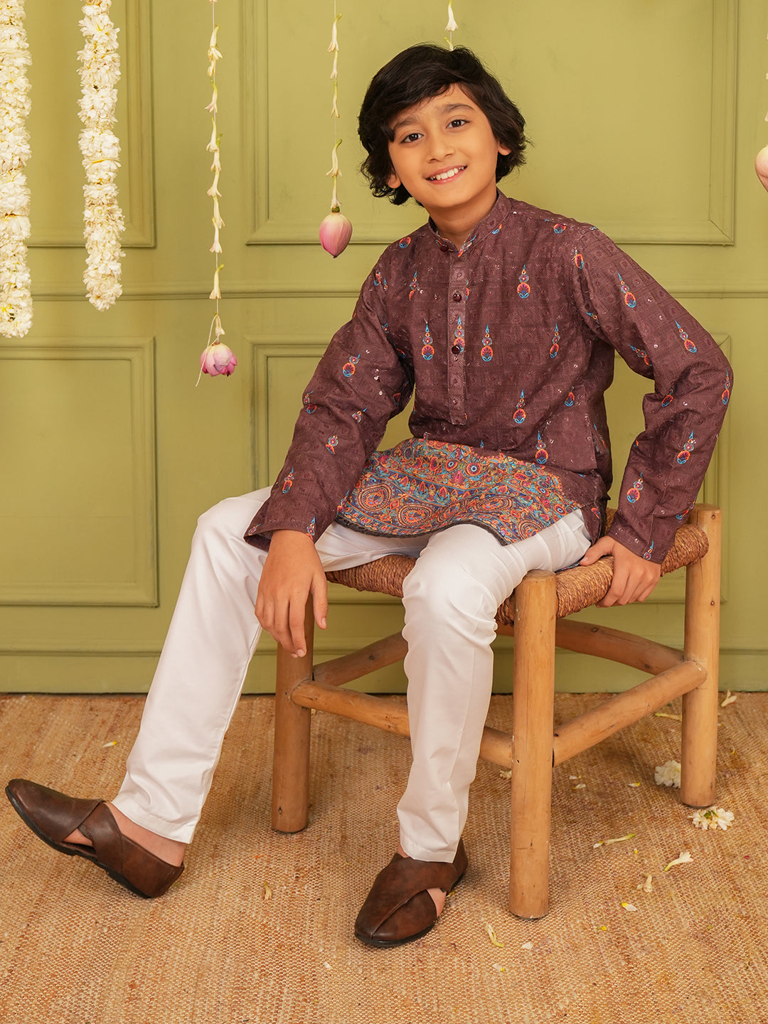 Brown Trendy Printed Chikankari Kurta and Pyjama For Boys