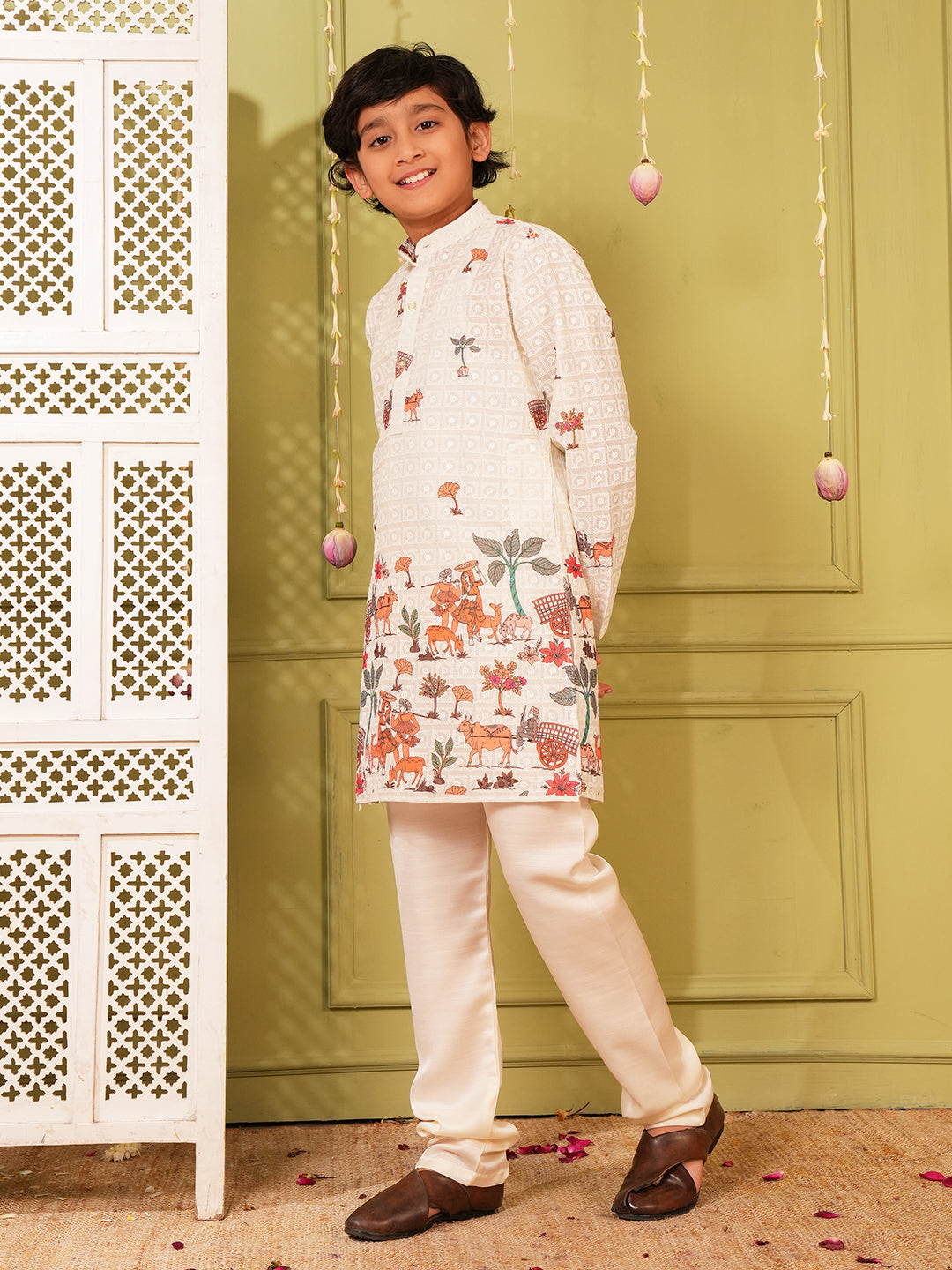 Cream Trendy Printed Chikankari Kurta and Pyjama For Boys
