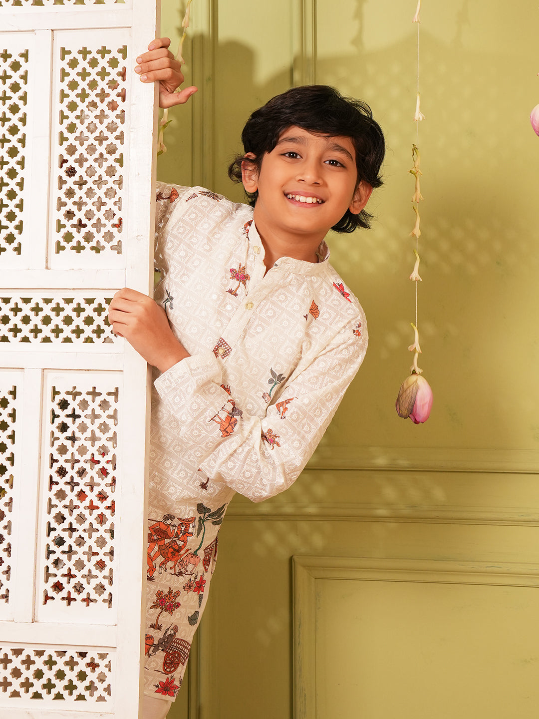 Cream Trendy Printed Chikankari Kurta and Pyjama For Boys