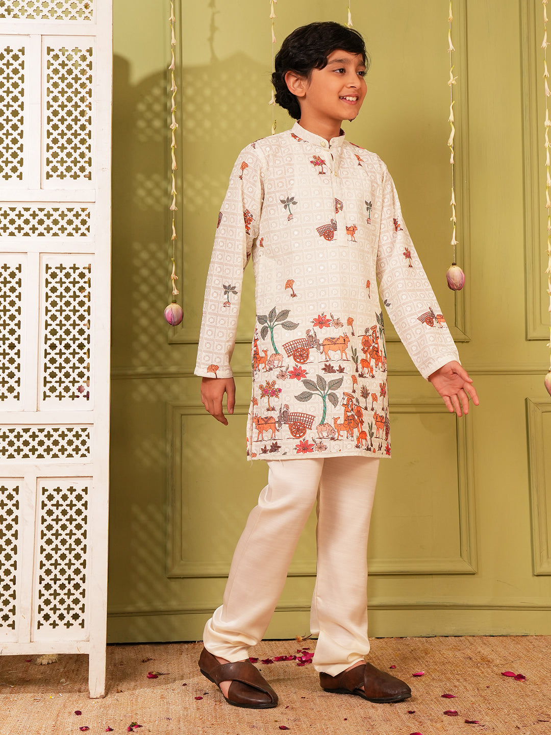 Cream Trendy Printed Chikankari Kurta and Pyjama For Boys