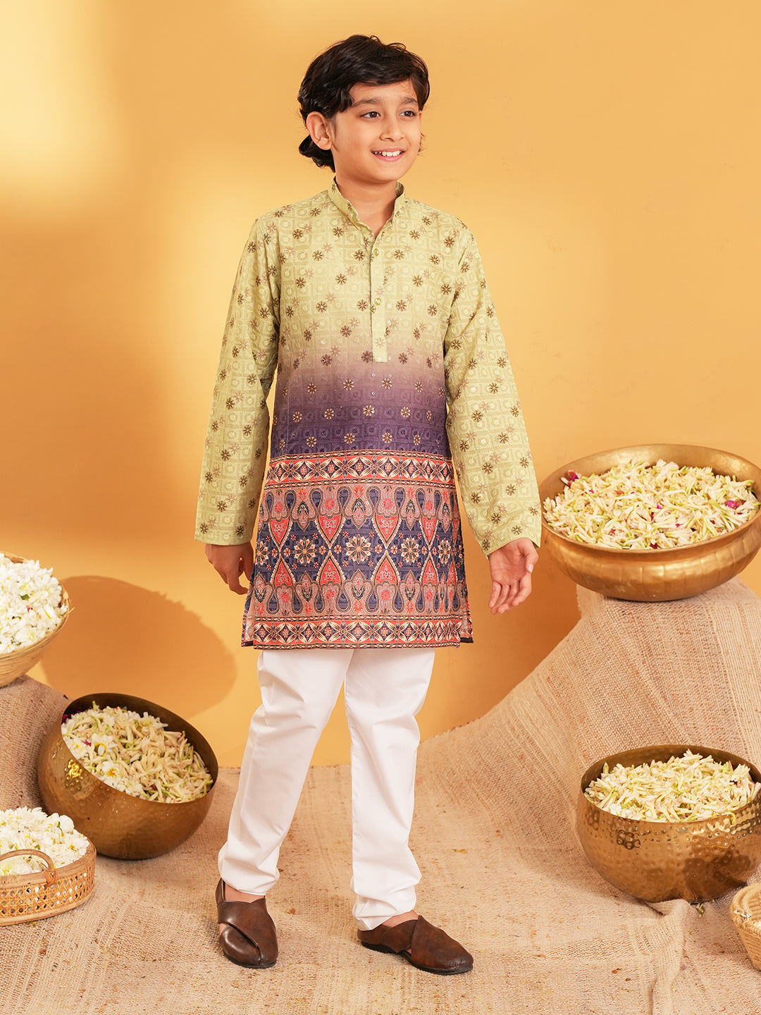 Green Trendy Printed Chikankari Kurta and Pyjama For Boys