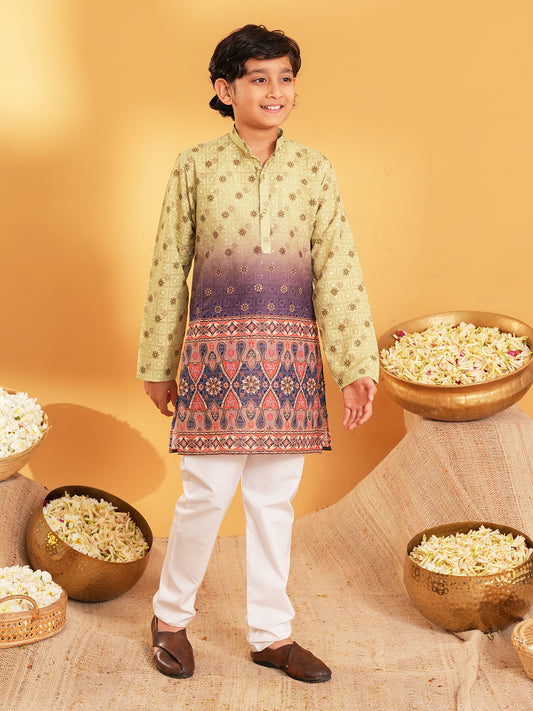 Green Trendy Printed Chikankari Kurta and Pyjama For Boys