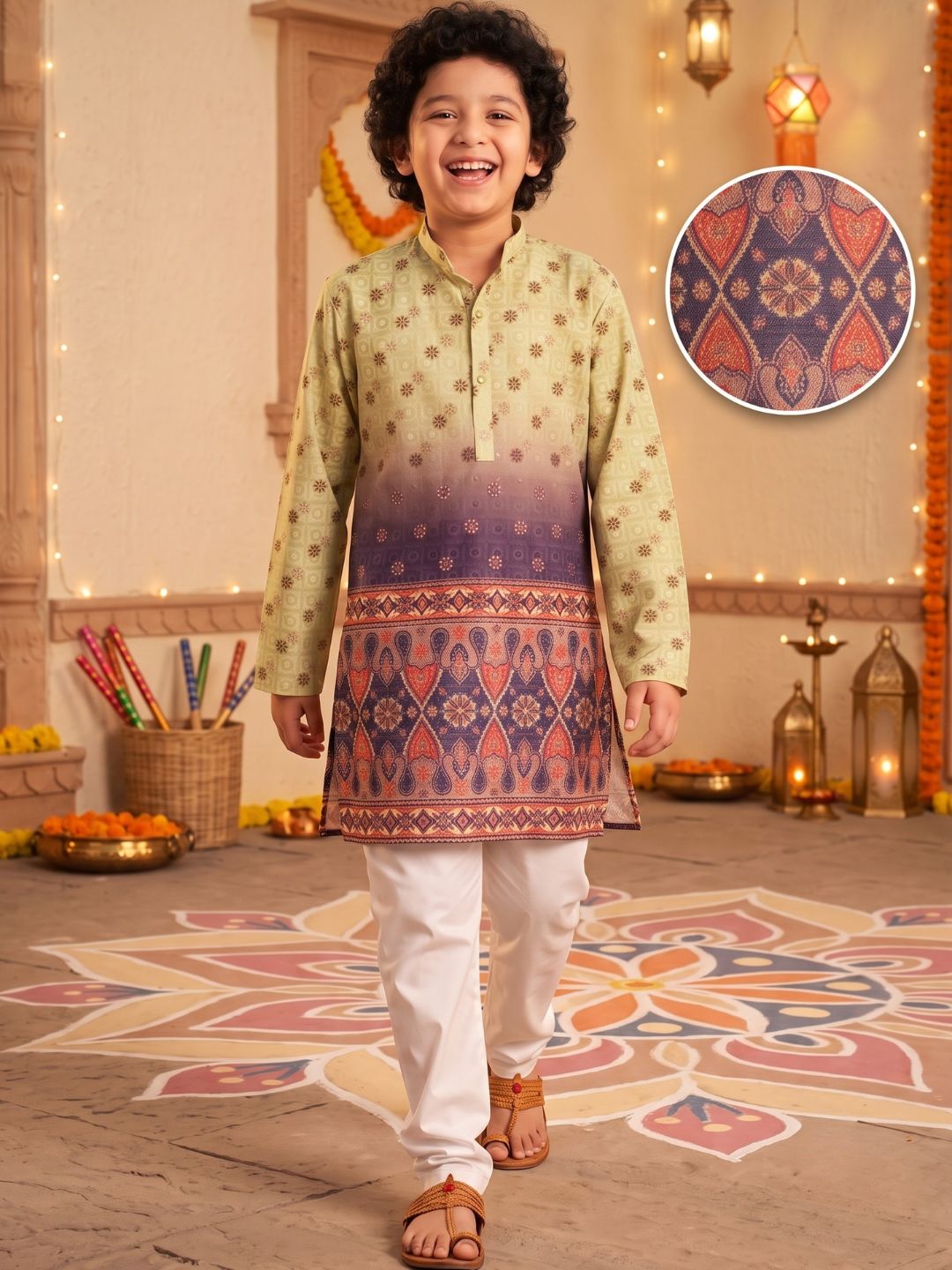 Green Trendy Printed Chikankari Kurta and Pyjama For Boys
