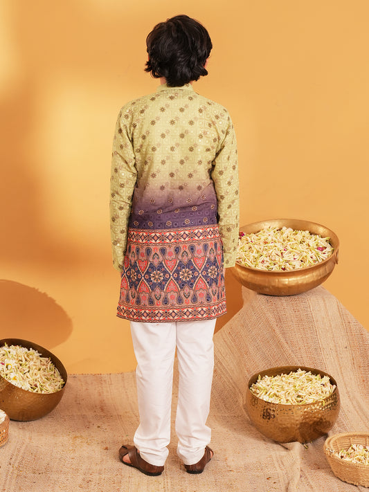 Green Trendy Printed Chikankari Kurta and Pyjama For Boys