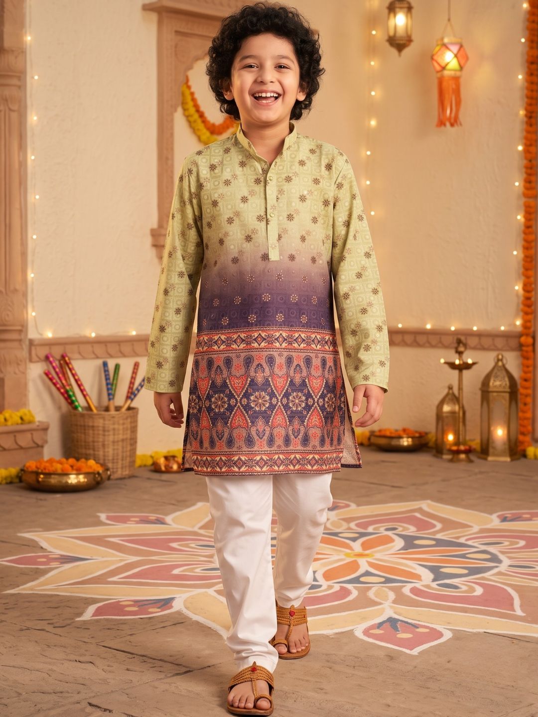 Green Trendy Printed Chikankari Kurta and Pyjama For Boys