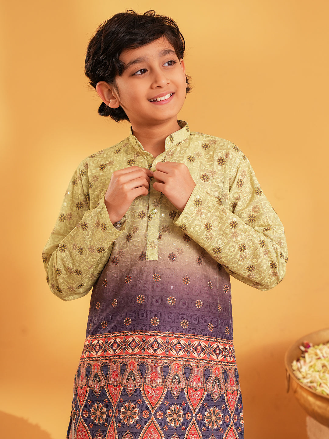 Green Trendy Printed Chikankari Kurta and Pyjama For Boys