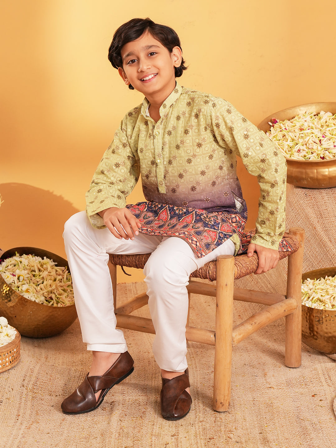 Green Trendy Printed Chikankari Kurta and Pyjama For Boys