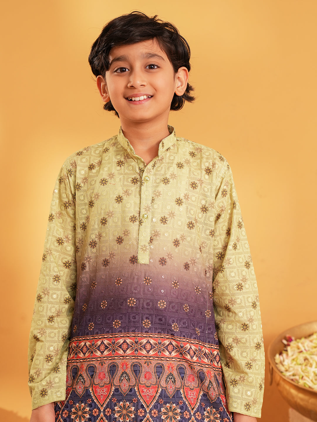 Green Trendy Printed Chikankari Kurta and Pyjama For Boys