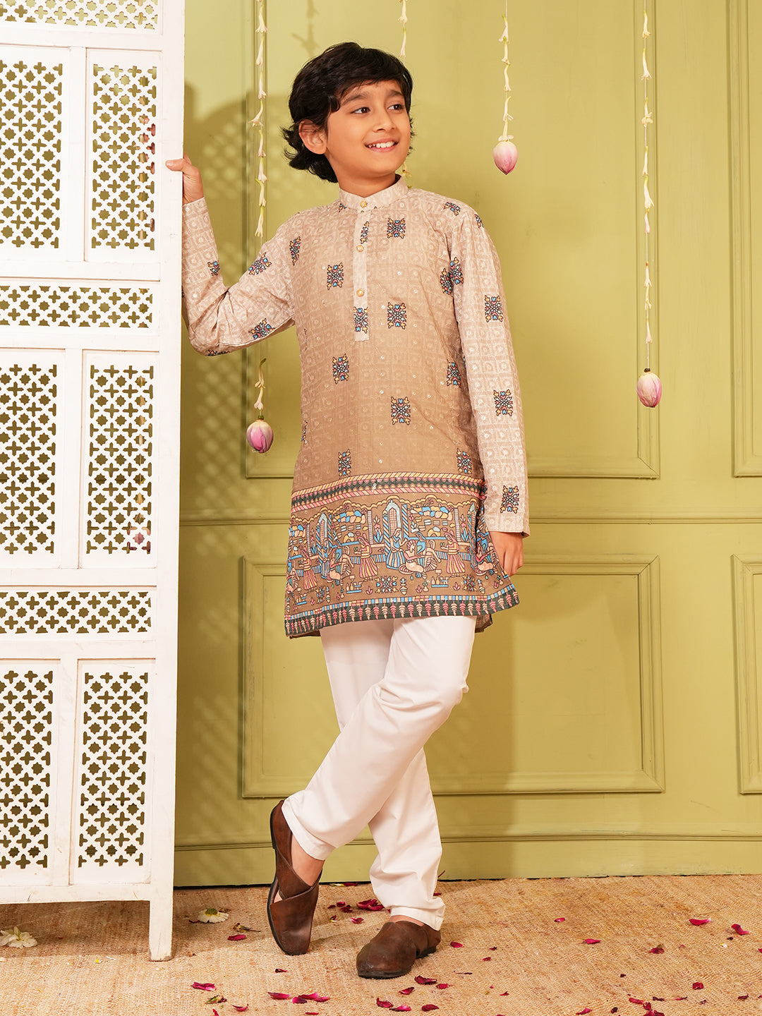 Light Brown Trendy Printed Chikankari Kurta and Pyjama For Boys
