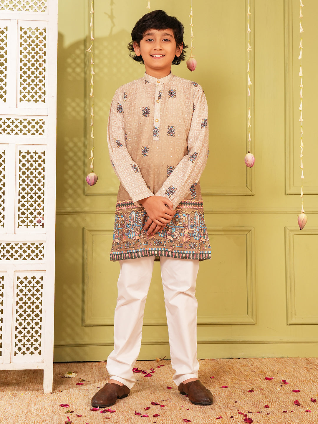 Light Brown Trendy Printed Chikankari Kurta and Pyjama For Boys