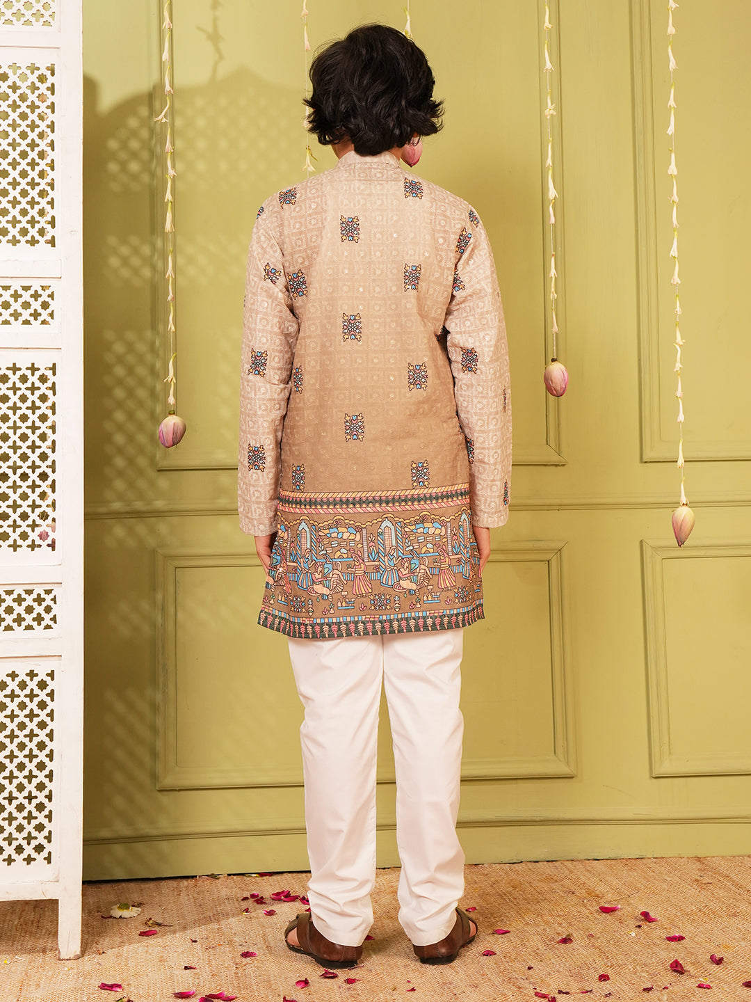 Light Brown Trendy Printed Chikankari Kurta and Pyjama For Boys