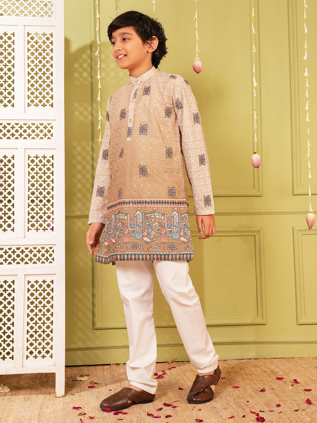 Light Brown Trendy Printed Chikankari Kurta and Pyjama For Boys