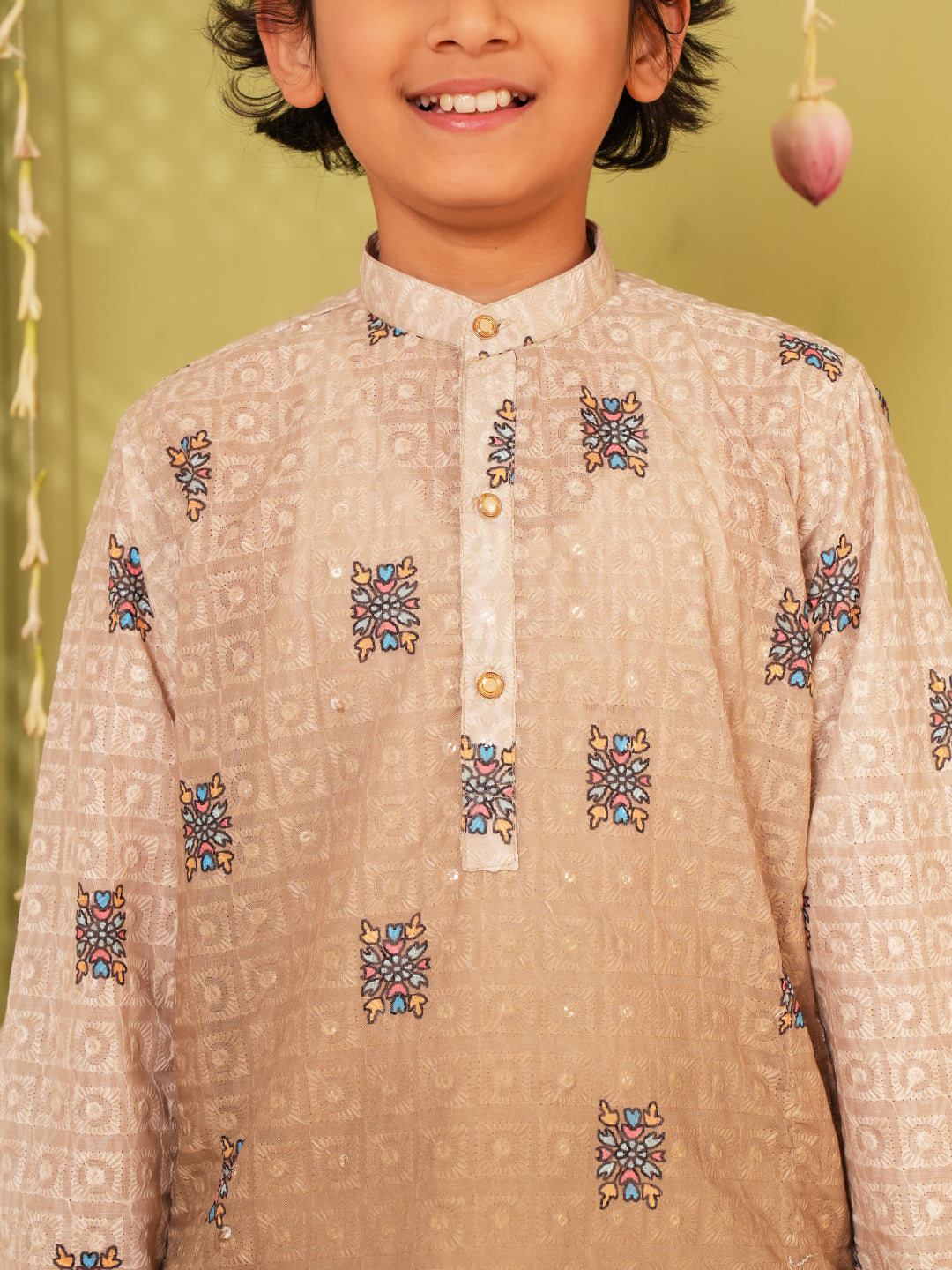 Light Brown Trendy Printed Chikankari Kurta and Pyjama For Boys