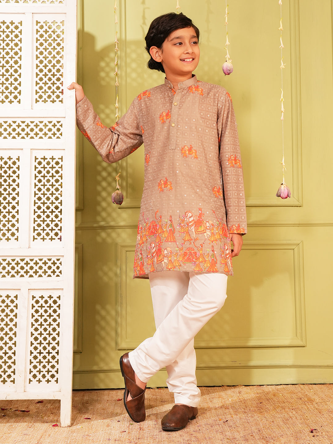 Orange Trendy Printed Chikankari Kurta and Pyjama For Boys