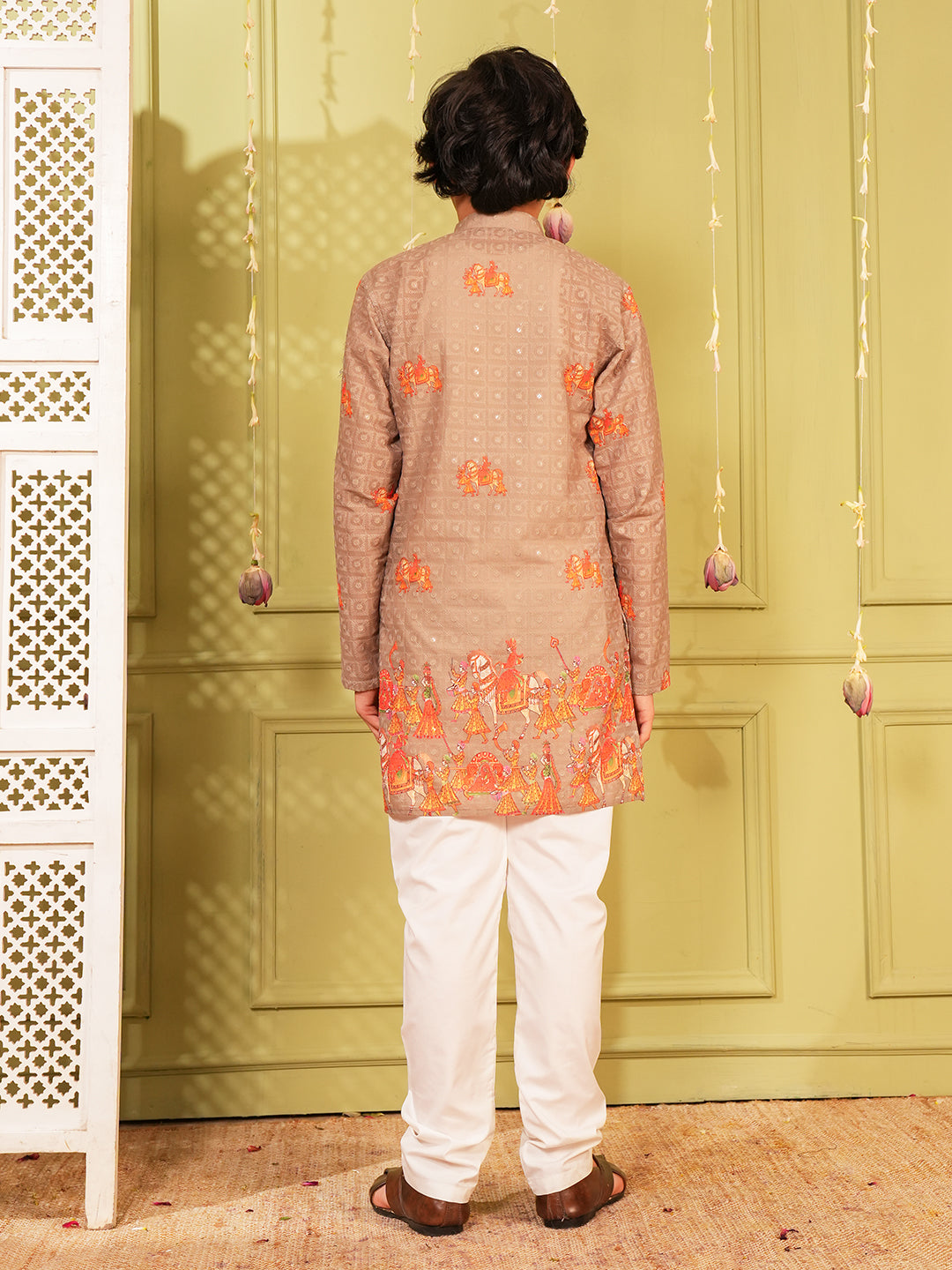Orange Trendy Printed Chikankari Kurta and Pyjama For Boys