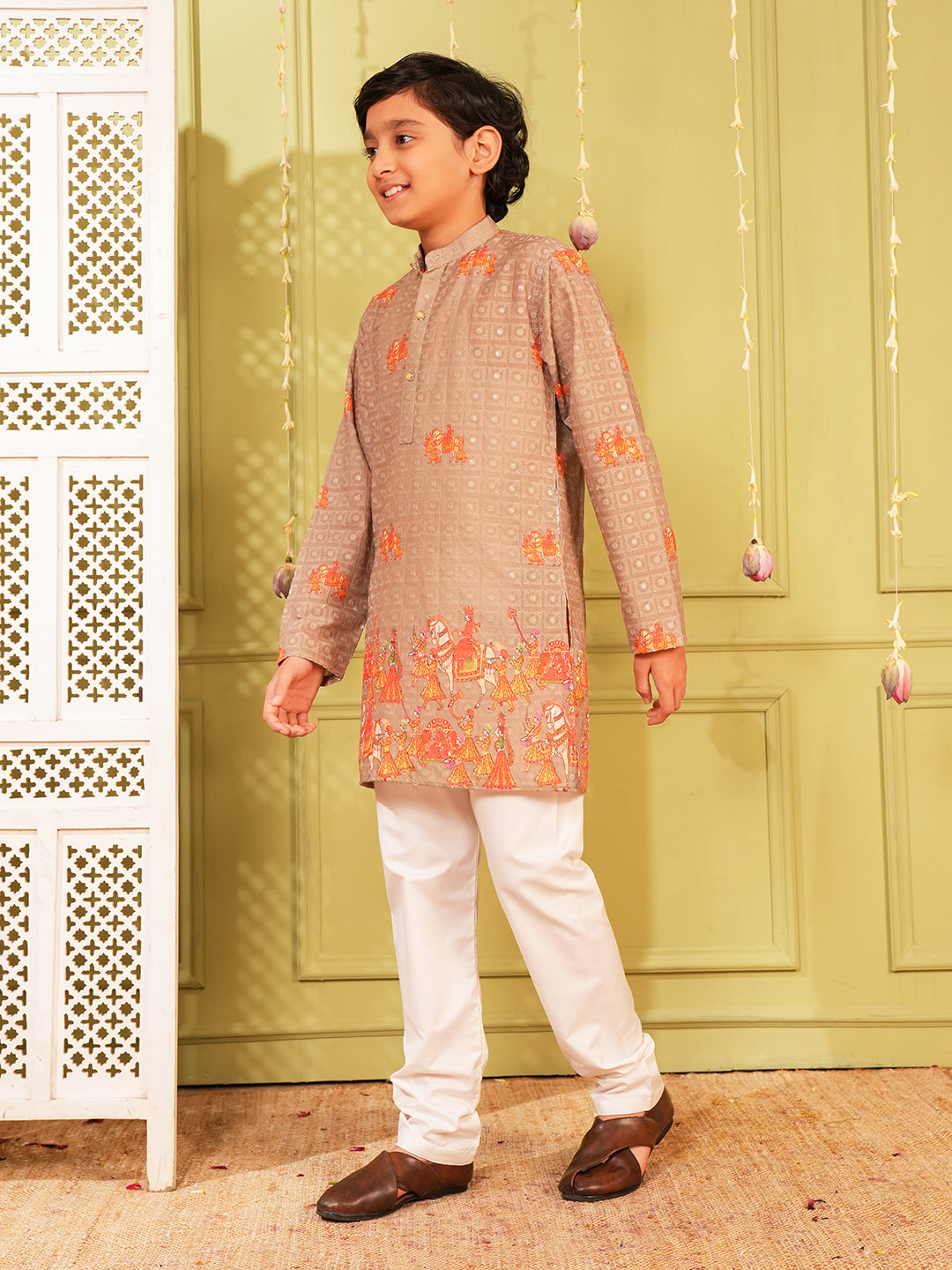 Orange Trendy Printed Chikankari Kurta and Pyjama For Boys